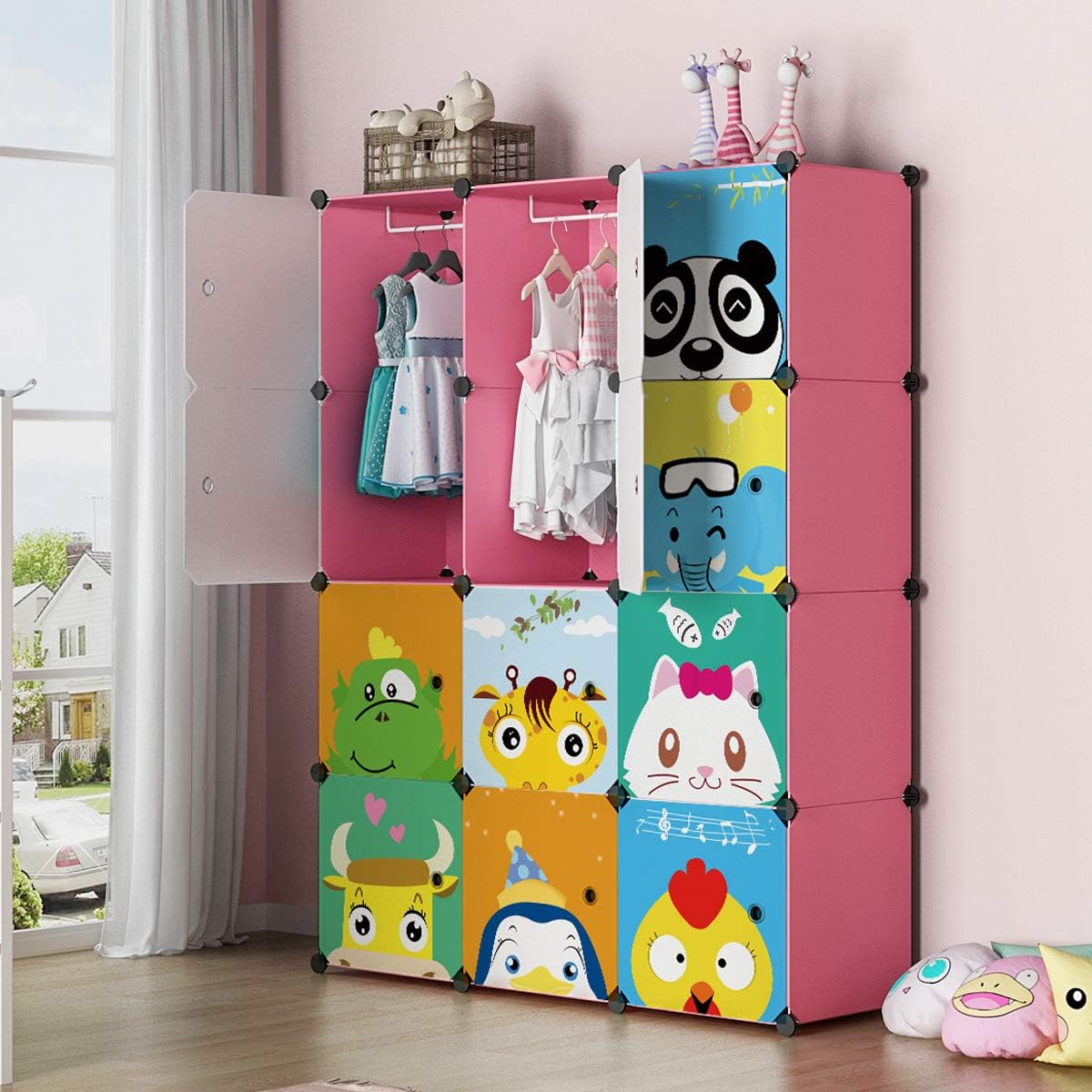 KOUSI Kid Dresser Baby Clothes Rack Kid Wardrobe Closet Bedroom Armoire Cube Organizer Formaldehyde-Free Furniture(Pink, 8 Cubes 2 Hanging Sections)
