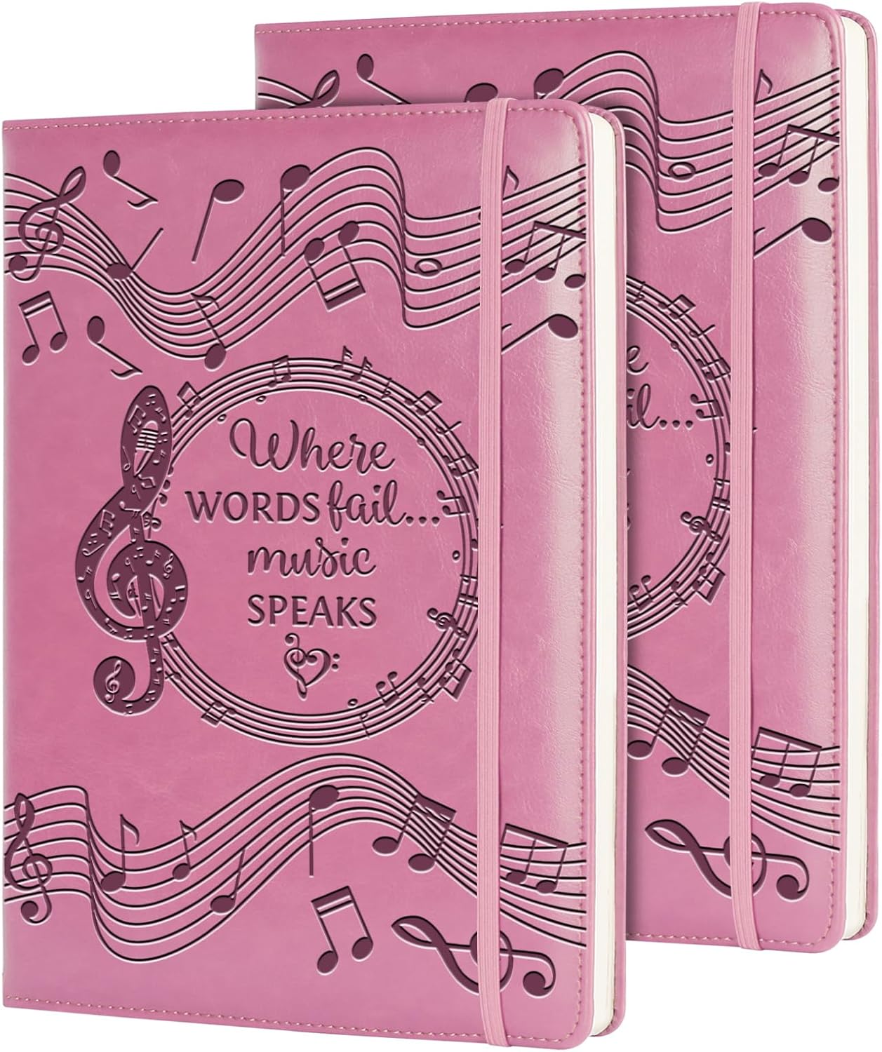 Music Gift 2 PCS Blank Sheet MUSIC Notebook Where Words Fail music Speaks Gift Manuscript Paper Notebook (2pcs Music -Pink)