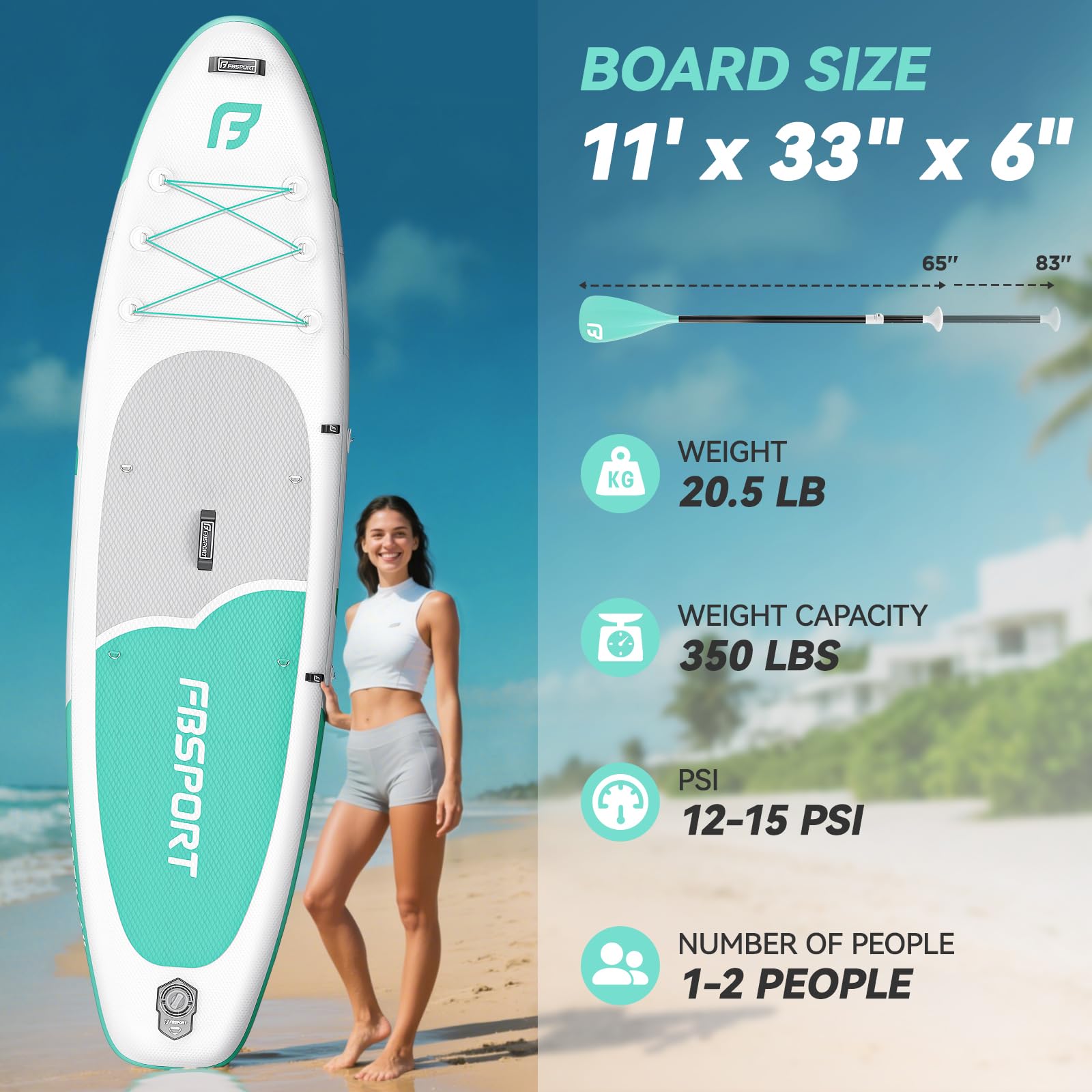 FBSPORT Stand UP Paddling Board 335cm SUP für Erwachsene mit Anti-Rutsch Deck, 15cm Extra Dicke Surfboard Aufblasbares, 160kg Tragkraft, Komplettset mit Paddel Pumpe & Zubehör für Yoga Reisen Surfen