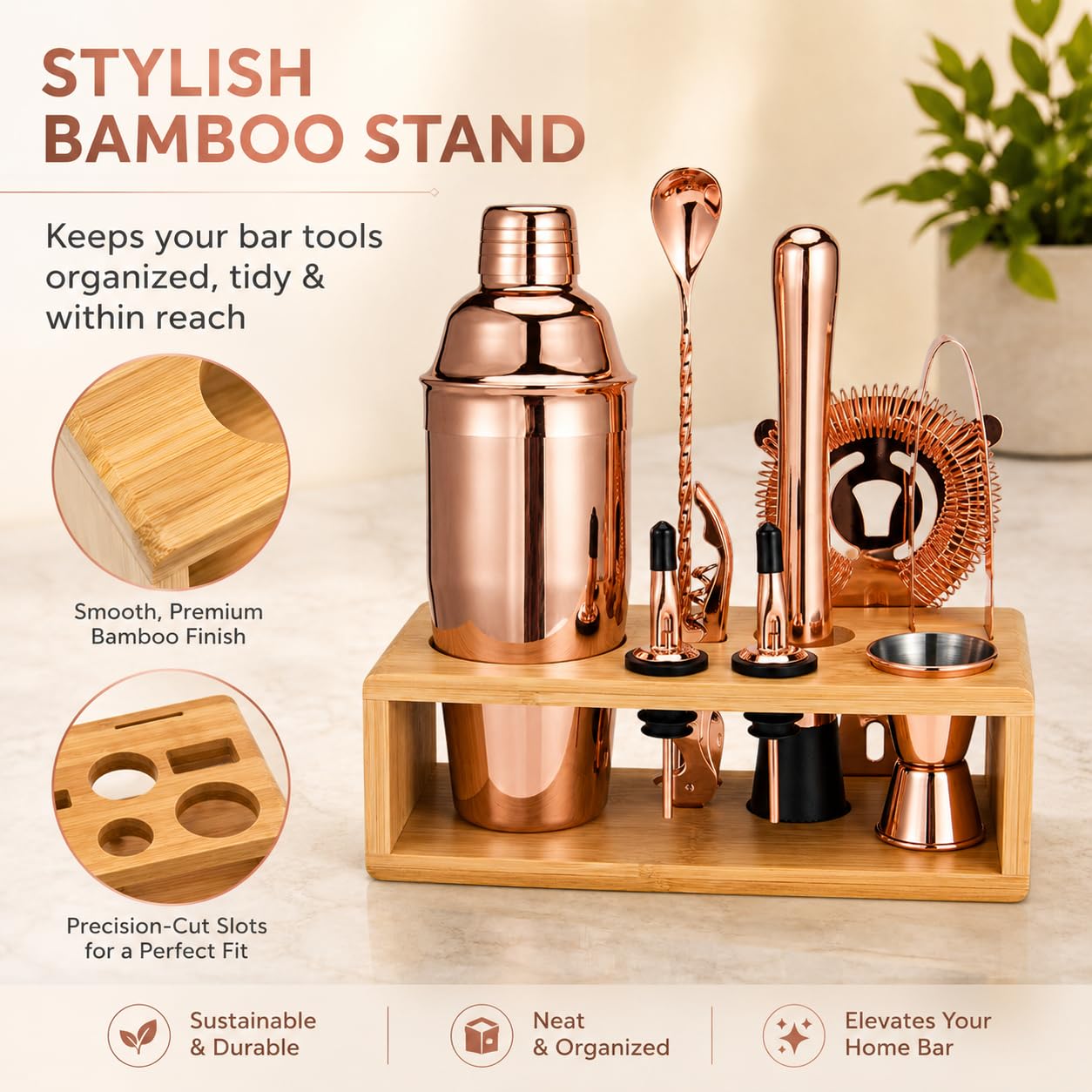 Rose Gold Cocktail Shaker Set, Premium 18/8 Stainless Steel Mixology Bartender Kit with Stylish Bamboo Stand 10-Piece Bar Tools & Accessories for Home Decor - Gift for Women, Mom, Wedding view 5