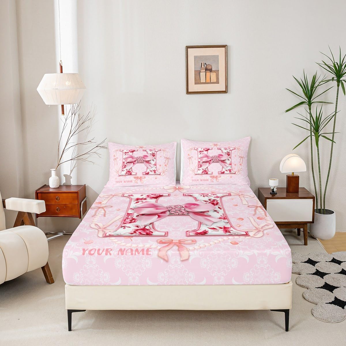 Erosebridal Personalized 3D Initial Letter H Fitted Sheet Queen with Unique Bow Design Coquette Pink Bow Bed Sheets Aesthetic Bowknot Cute Preppy Bedding Set Flower Floral Monogrammed Sheets(H)