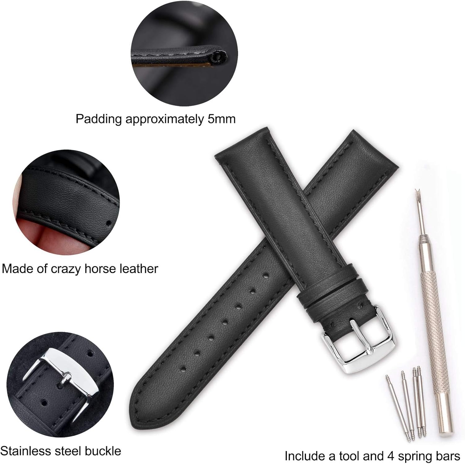 Miniatura 4 de WOCCI Vintage Leather Watch Bands with Stainless Silver Buckle Replacement Strap 14mm 16mm 18mm 19mm 20mm 21mm 22mm 23mm 24mm