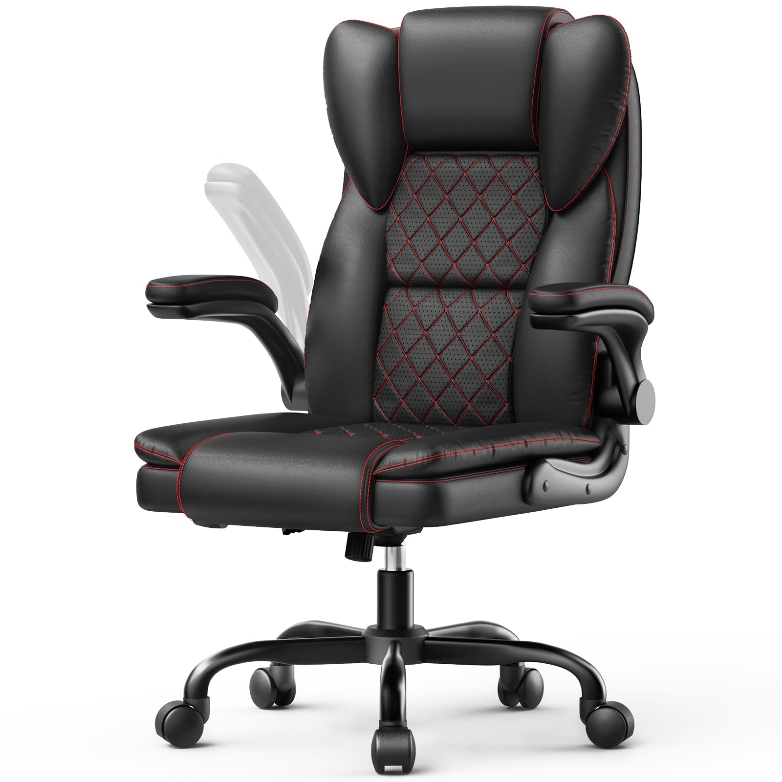 rattantree Silla de Oficina, Sillas de Escritorio Ergonómica con Reposabrazos Abatibles de 90°, Ruedas Giratorias, Tapizado de Cuero y Altura Ajustable, Adecuada para Uso en La Oficina y Hogar, Negro