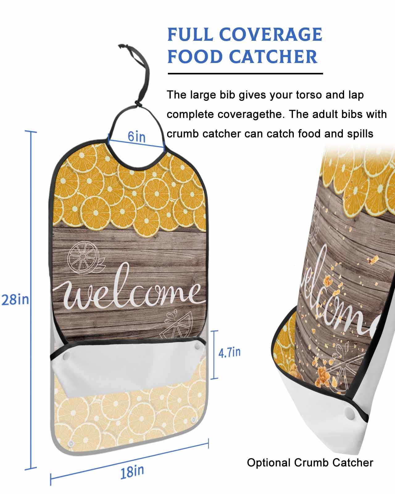 LEOKOTI Welcome Summer Lemon Adult Bibs for Eating, Waterproof Bibs with Food Catcher & Adjustable Snap Closure, Vintage Wooden Washable Clothing Protectors Adult Bibs for Elderly Women/Men