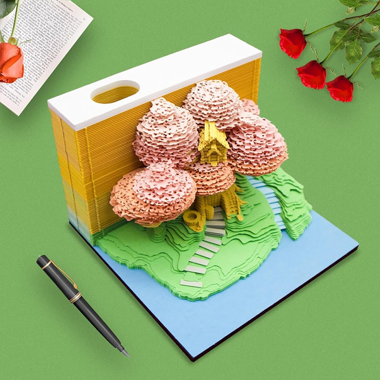 Kalendarz biurkowy 2025, kalendarz 3D, kwiat wiśni, notatnik, odrywalny notatnik, rękodzieło artystyczne, 3D, notatnik, artystyczny kalendarz, do domu