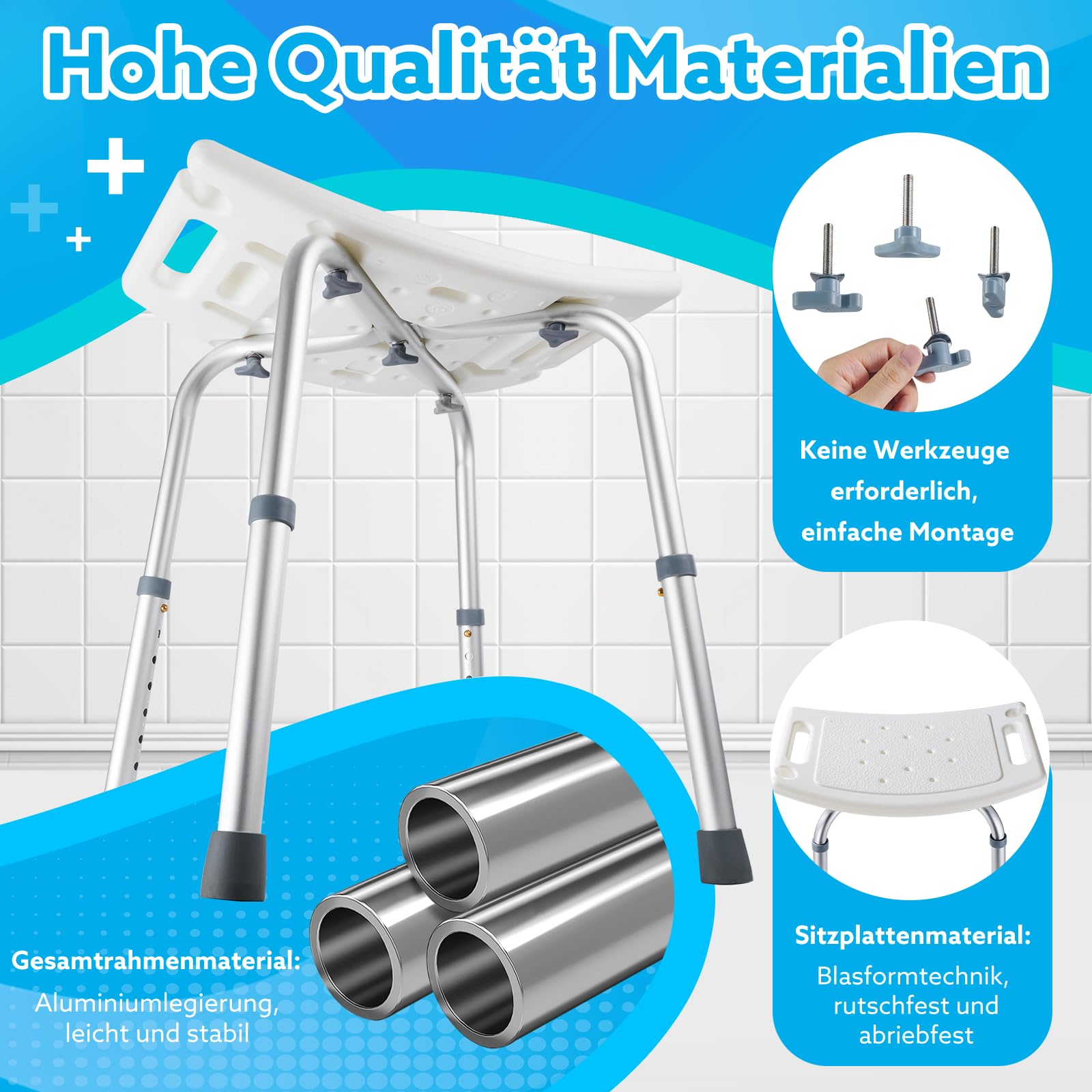 Duschhocker Höhenverstellbar 37-57cm, Duschstuhl 8 Stufen, Duschhocker für Senioren Belastbar bis 136kg, Badhocker mit Rutschfesten Gummifüßen für ältere Menschen, Blau