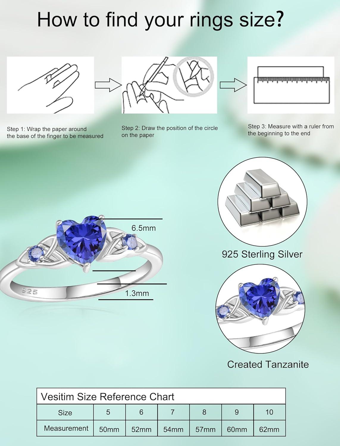 Celtic Knot Rings for Women 925 Sterling Silver Solitaire Ring Wedding Engagement Band Heart Birthstone Jewelry Size 5-10 - Image 6