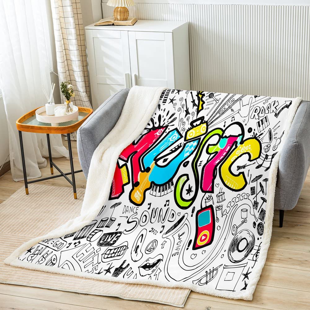 Hippie - Coperta in pile con graffiti, per bambini, ragazzi, ragazze, hip hop, musica sherpa, coperta musicale in peluche grunge, arte fuzzy, 200 x 200 cm