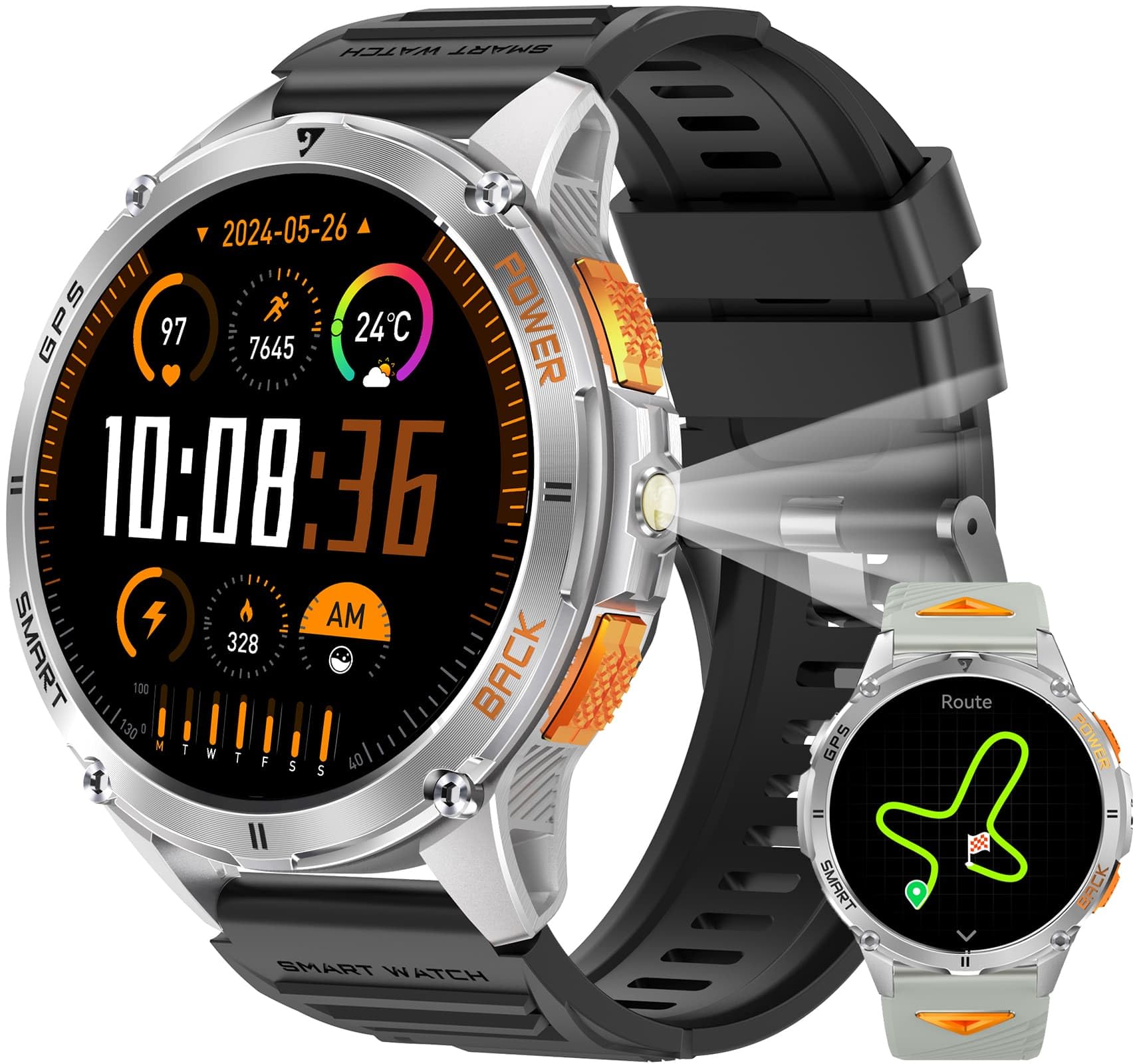 KPEP Military Smart Watches for Men with GPS 1 43 AMOLED 2 Straps LED Flashlight IP68 Waterproof Smartwatch