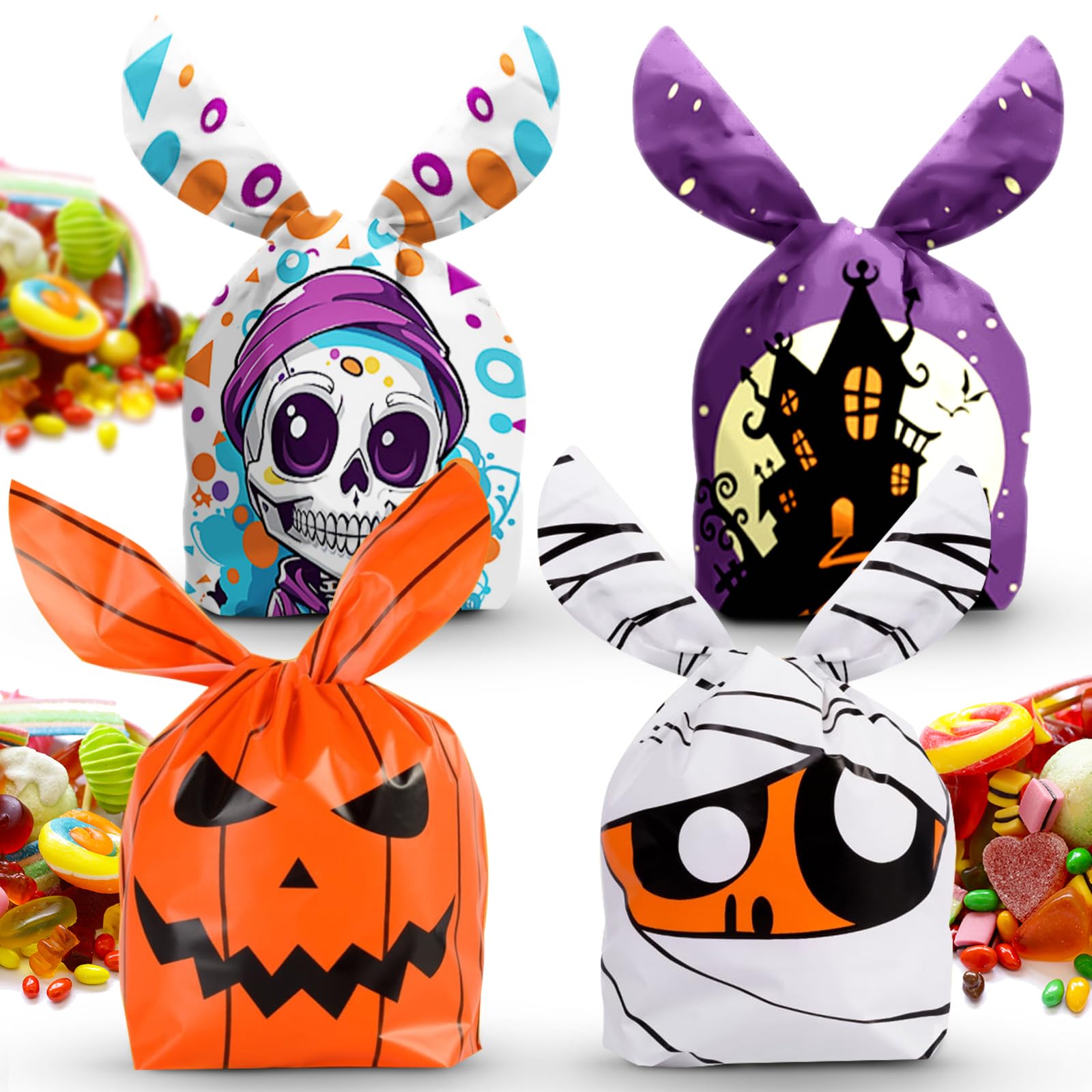 100 PCS Halloween Treat Bags Sweets Candy Goodie bag Decorations, 4 Patterns Present Bags Pouches Fillers for Halloween Party Favor, Cute Rabbit Ear Kids Trick or Treat Bags