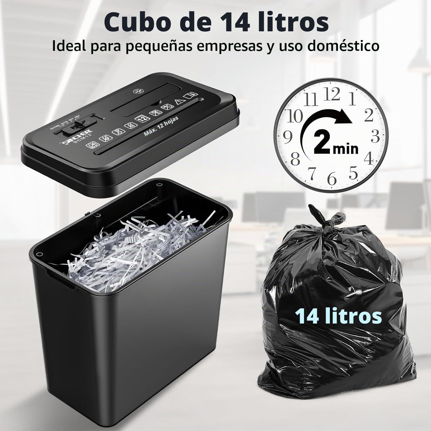 Destructor de Documentos, Corte en Tiras de 12 Hojas, Destructor de CD/Tarjetas de crédito, con protección contra sobrecalentamiento, Papelera de 14 l para Oficina en casa