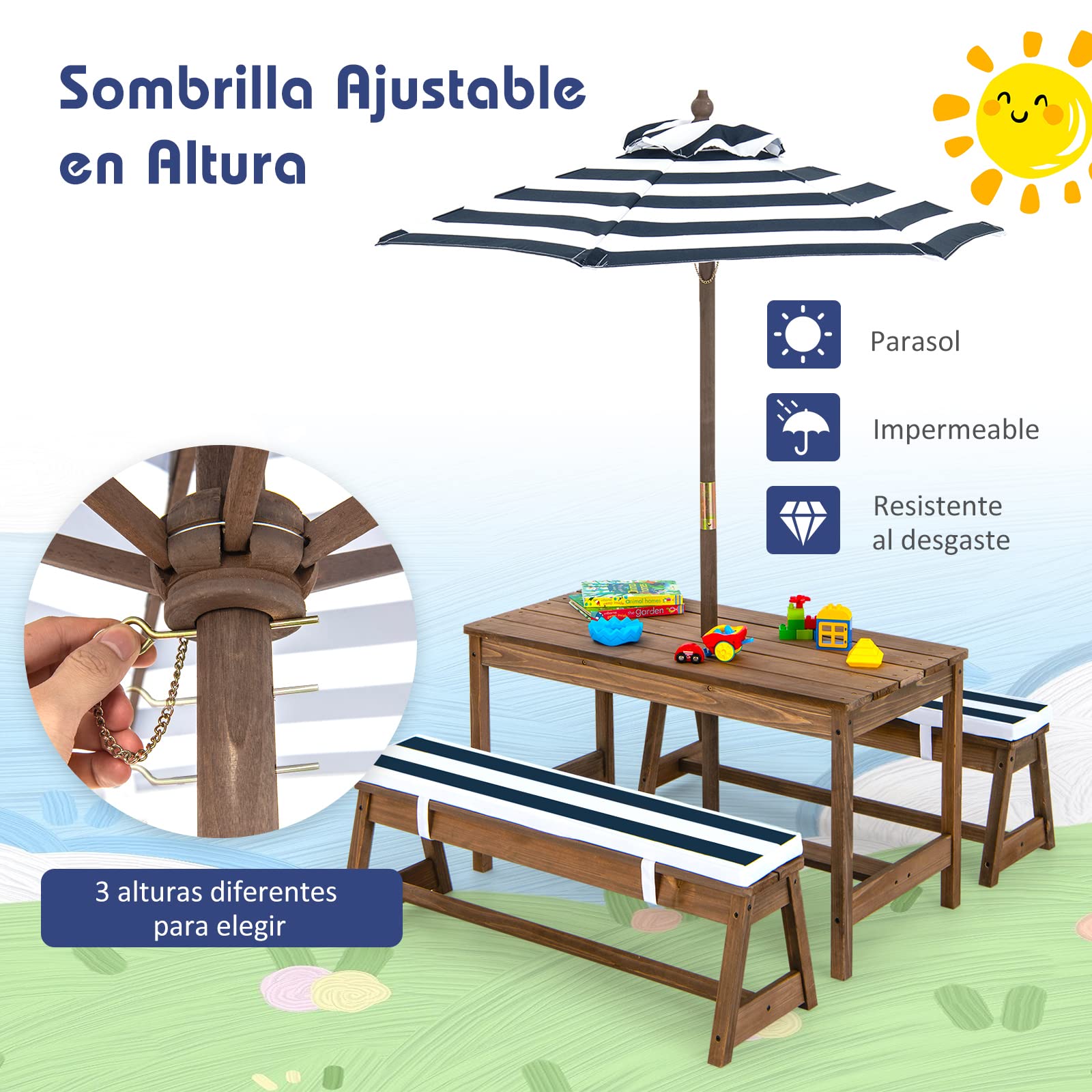 COSTWAY Juego de Mesa y Bancos de Madera con Cojines y Sombrilla, Set para Niños con Sombrilla para Interiores y Exteriores (Azul)