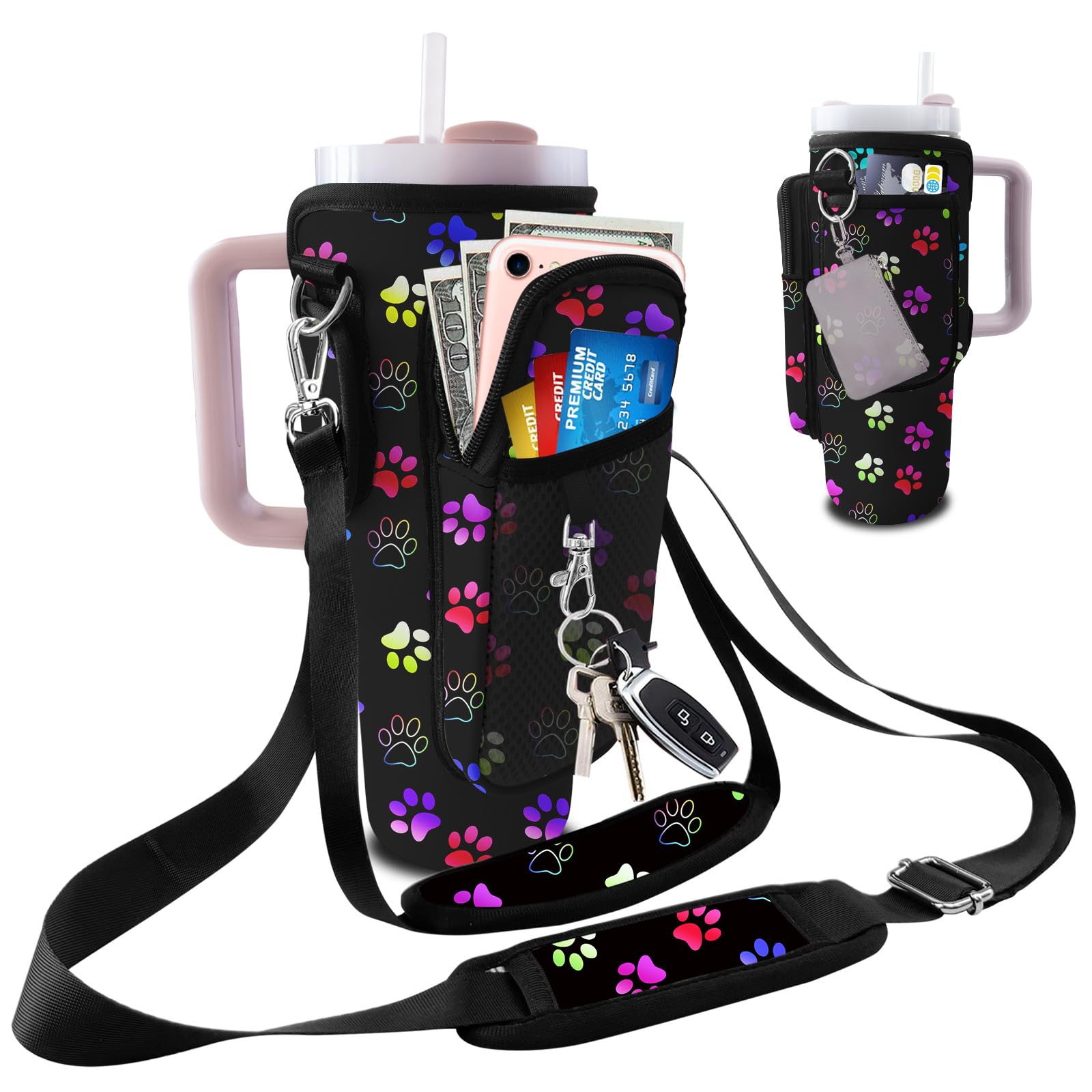 bolimoss Water Bottle Bag for Stanley Cup 40oz/30oz with Phone with Adjustable 2 Straps & 3 Pockets, Stanley Accessories Neoprene Water Bottle Carrier for Walking Travel Hiking Gym-Dog Paw โ image 1