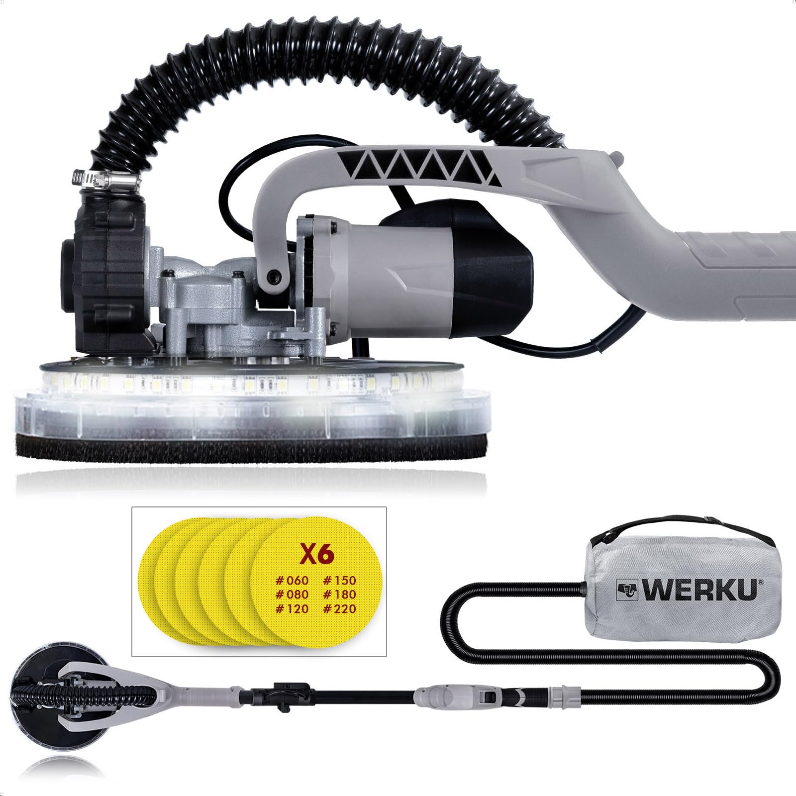 Werku WK403070 + 6 Lijas, Lijadora Circular Paredes-Techos Auto-Aspirante, Calidad Profesional, Potencia 750 W, 225 mm, Sistema Luz LED, Incluye 6 Discos Lijado, Manguera Aspiración y Bolsa Transporte