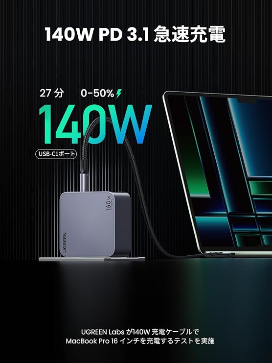 UGREEN NexodePro Rapid Charger, 160W, Type-C 2C1A, 3 Ports, Single Port, 140W, Supports PD3.1, PPS, QC5, FCP | USB-C *2とUSB-A*1 GaNI+UG独自Airpyra技術 折畳み式 PSE適合 ノートPC/iPad/iphone17/Galaxy S24/Pixel8/XPeria5以降対応レッドドット・デザイン賞受賞