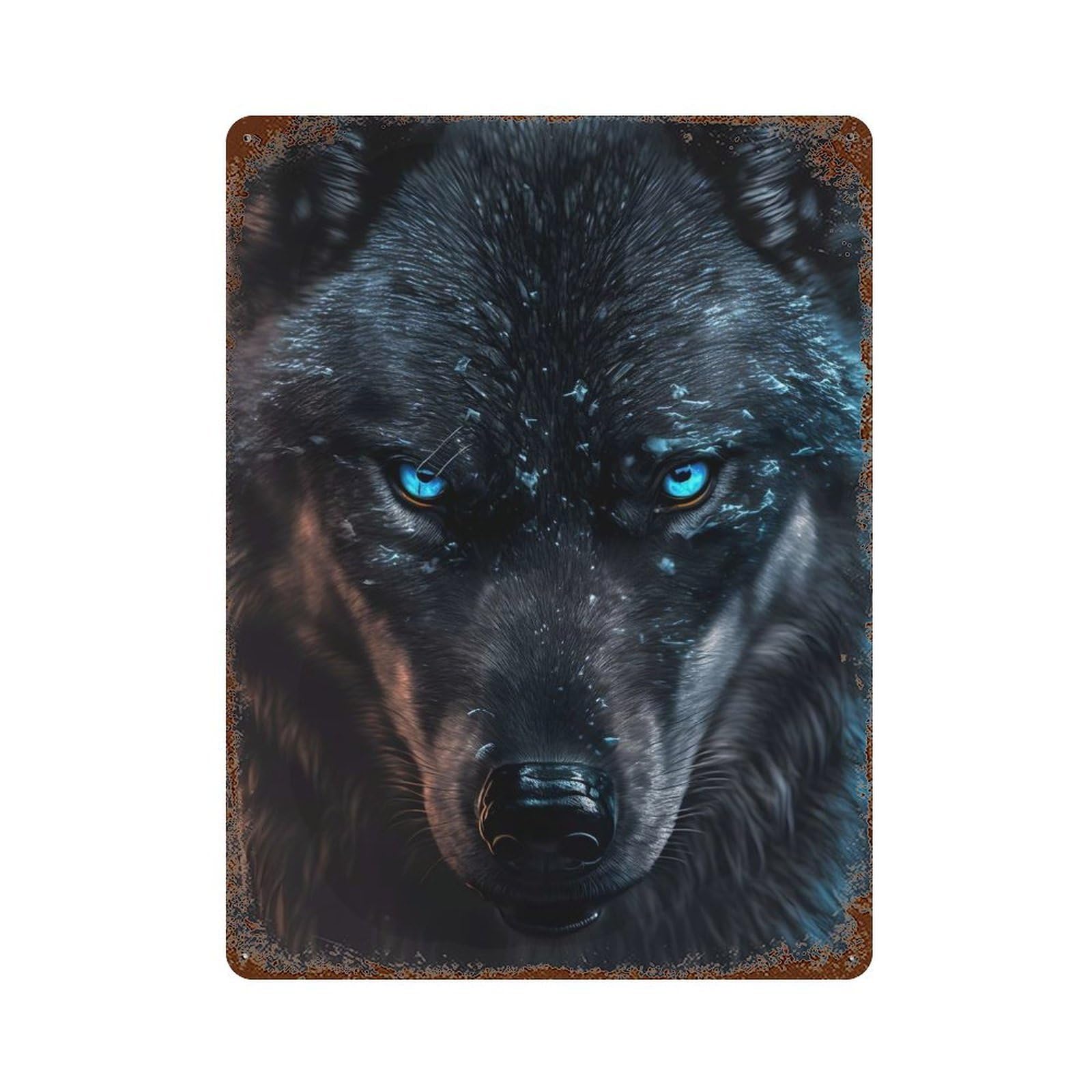 Black Wolf Blue Eyes Art Decorative Tin Sign 15.7"x11.8", Shabby Chic Decor for Garage, Pub Or Kitchen