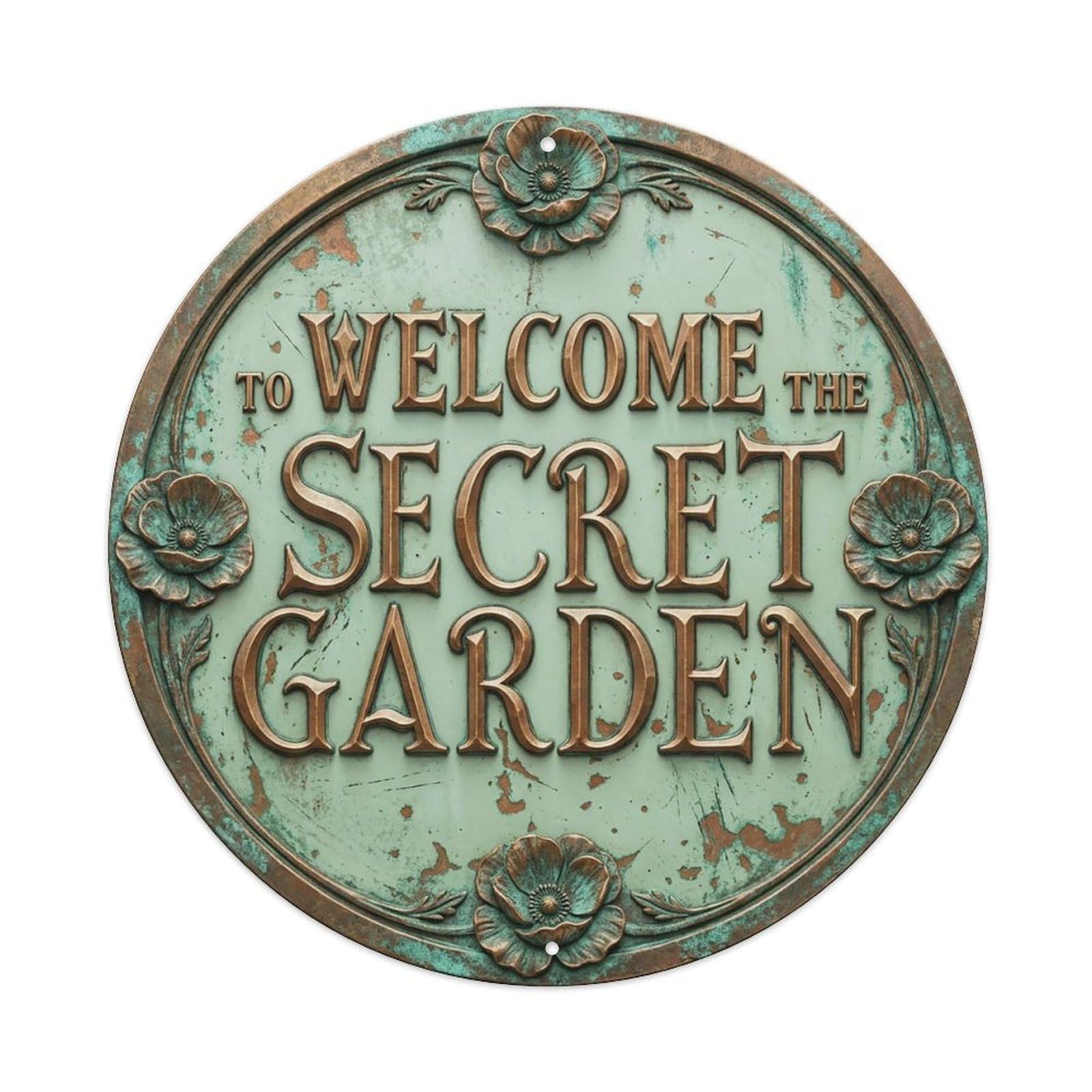 Vintage Welcome Secret Garden Bronze Celadon Carved Metal Tin Sign