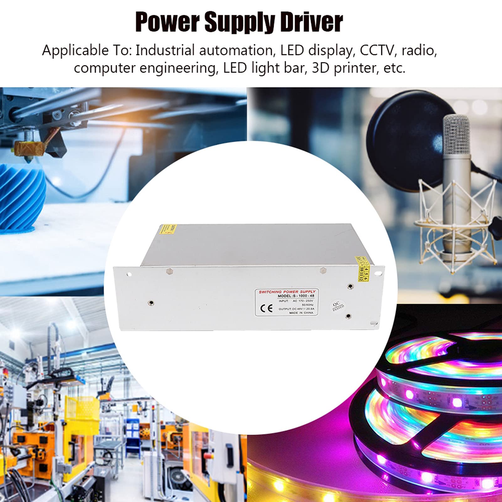 Sonew Niezawodny Zasilacz DC48V, Stop Aluminium, Zasilacz o Mocy 500 W do Oświetlenia LED i Drukarek 3D, Wejście AC 110/220 V (S-1000-48(48V/20.8A/1000W) AC170-250V)