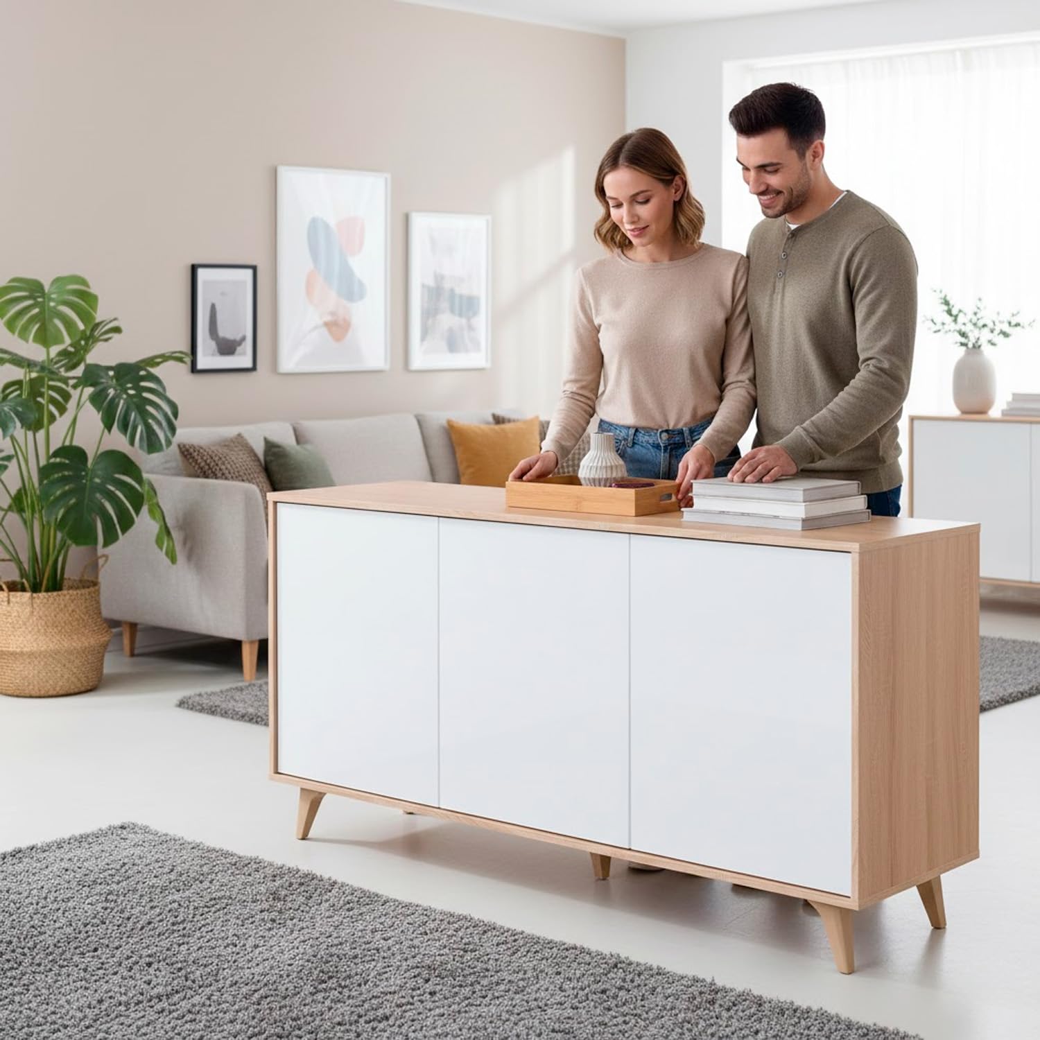 Credenza 3 Ante Con Apertura Push Madia Mobile Contenitore Moderno Con 6 Ripiani Interni Per Soggiorno Sala Da Pranzo Ingresso E Camera Da Letto Stile Nordico 154 x 40 x 75 Cm Rovere E Bianco
