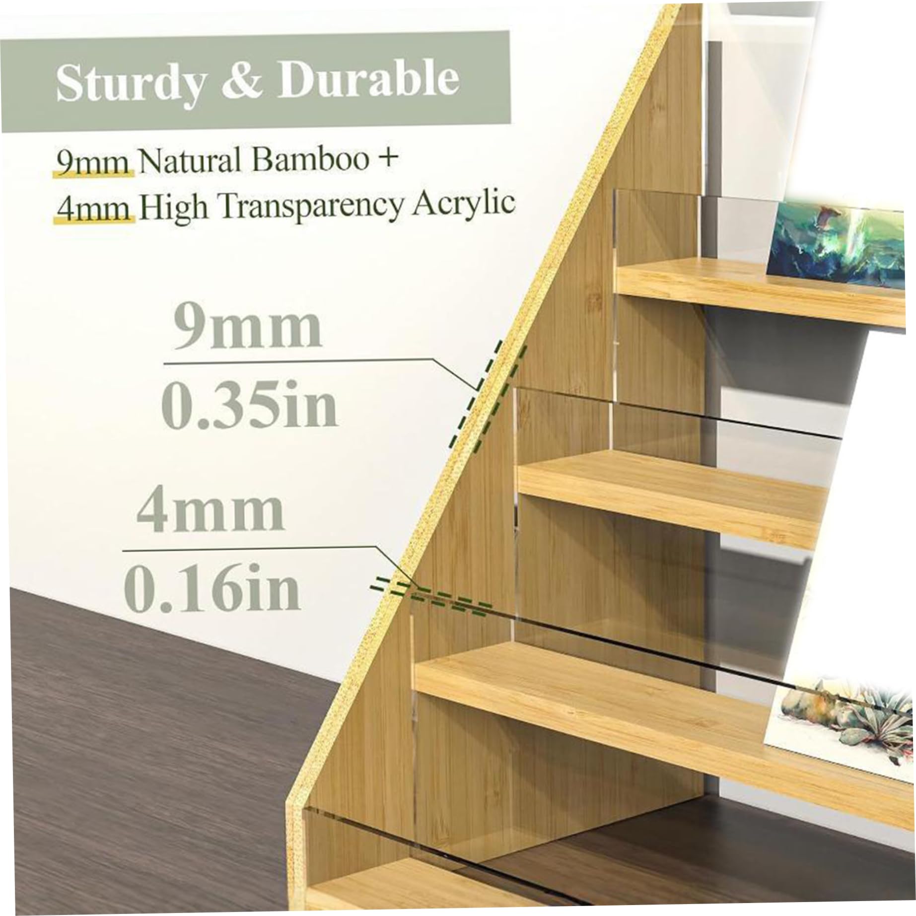 Stand d'affichage de la carte de voeux, support de cartes de voeux stand à 4 niveaux Natural Bamboo Greeting Carte Organisateur Multi-Purpose Greeting Carte Holder pour carte postale, photo, autocoll