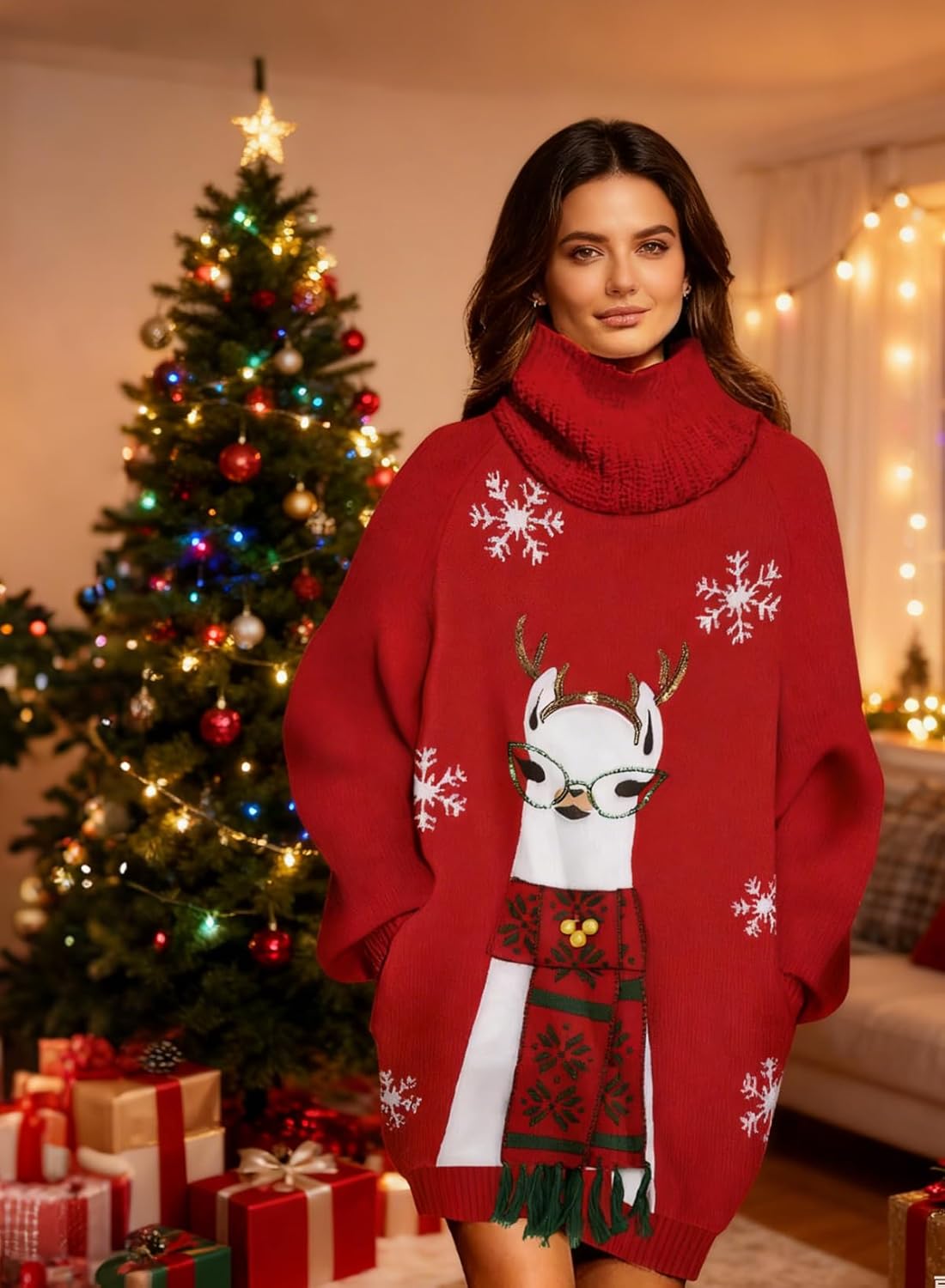 Pink Queen Ugly Christmas Sweater Dresses for Women Oversized Turtleneck Pullover Holiday Dress with Pocket