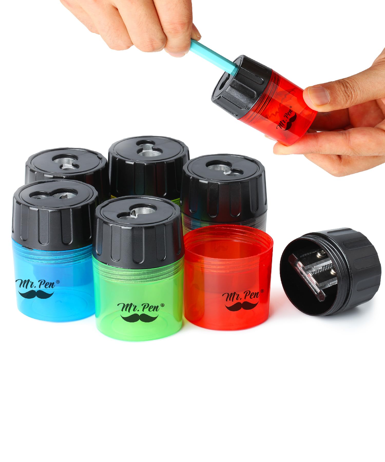 Handheld Manual Pencil Sharpener with 2 Sharpening Holes and Screw-On Lid, Pack of 6, Pencil Sharpeners, Colored Pencil Sharpener Manual
