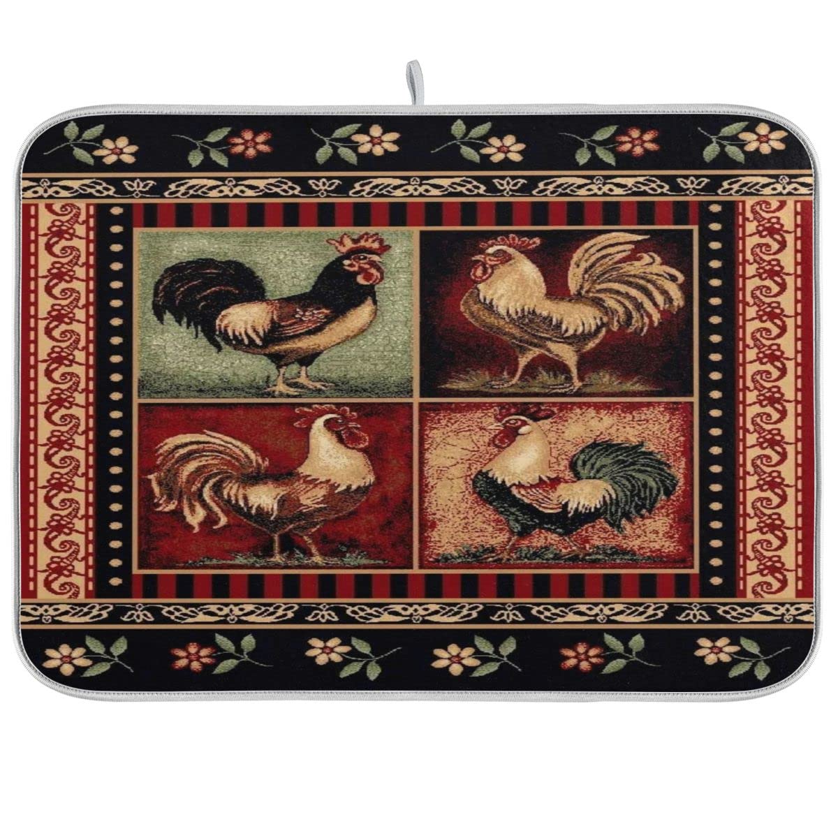 Farmhouse Rooster Dish Drying Mat 18 x 24 Inch Vintage Chicken Flower Absorbent Microfiber Dish Drying Pad Western Country Cabin Decor Dish Drainer Large Mat for Kitchen Counter Coffee Bar