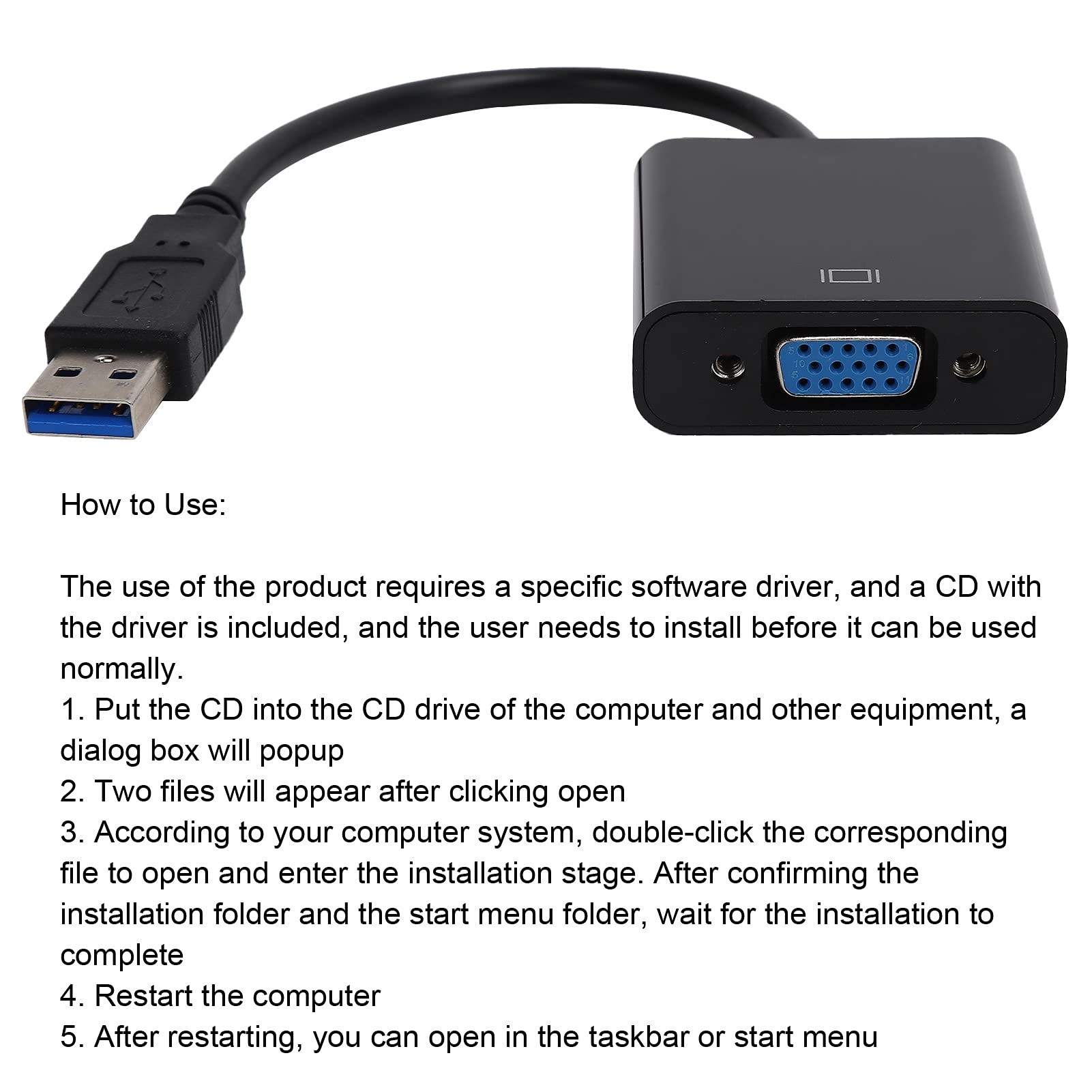 Kabel Adaptera USB3.0 na VGA Konwerter 1080P HD Zewnętrzna Karta Graficzna do Akcesoriów Komputerowych (Czarny)