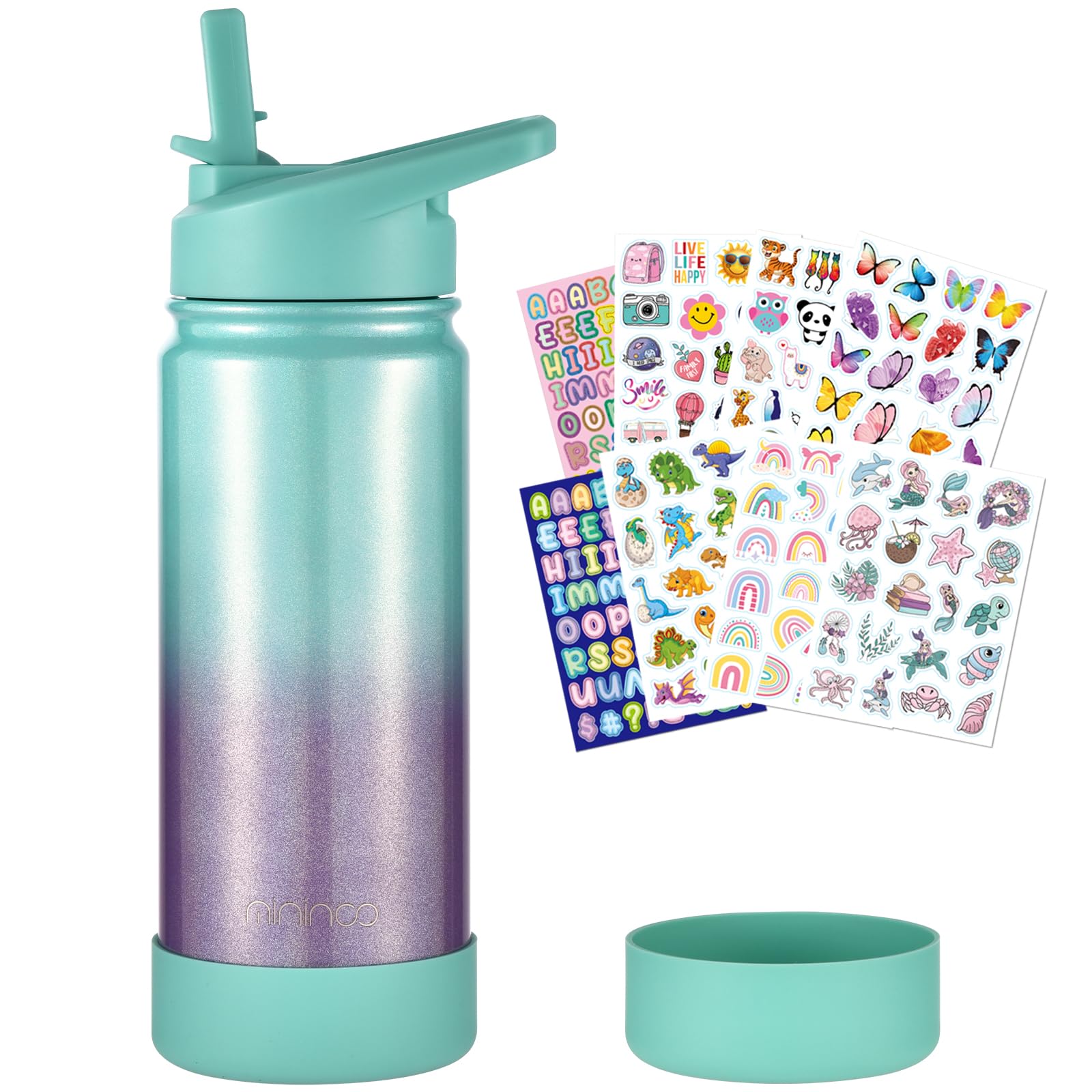 Mininoo Girls Water Bottle for School, 16oz Stainless Steel Insulated Metal Water Bottle with Straw Lid for Boys (Aurora)