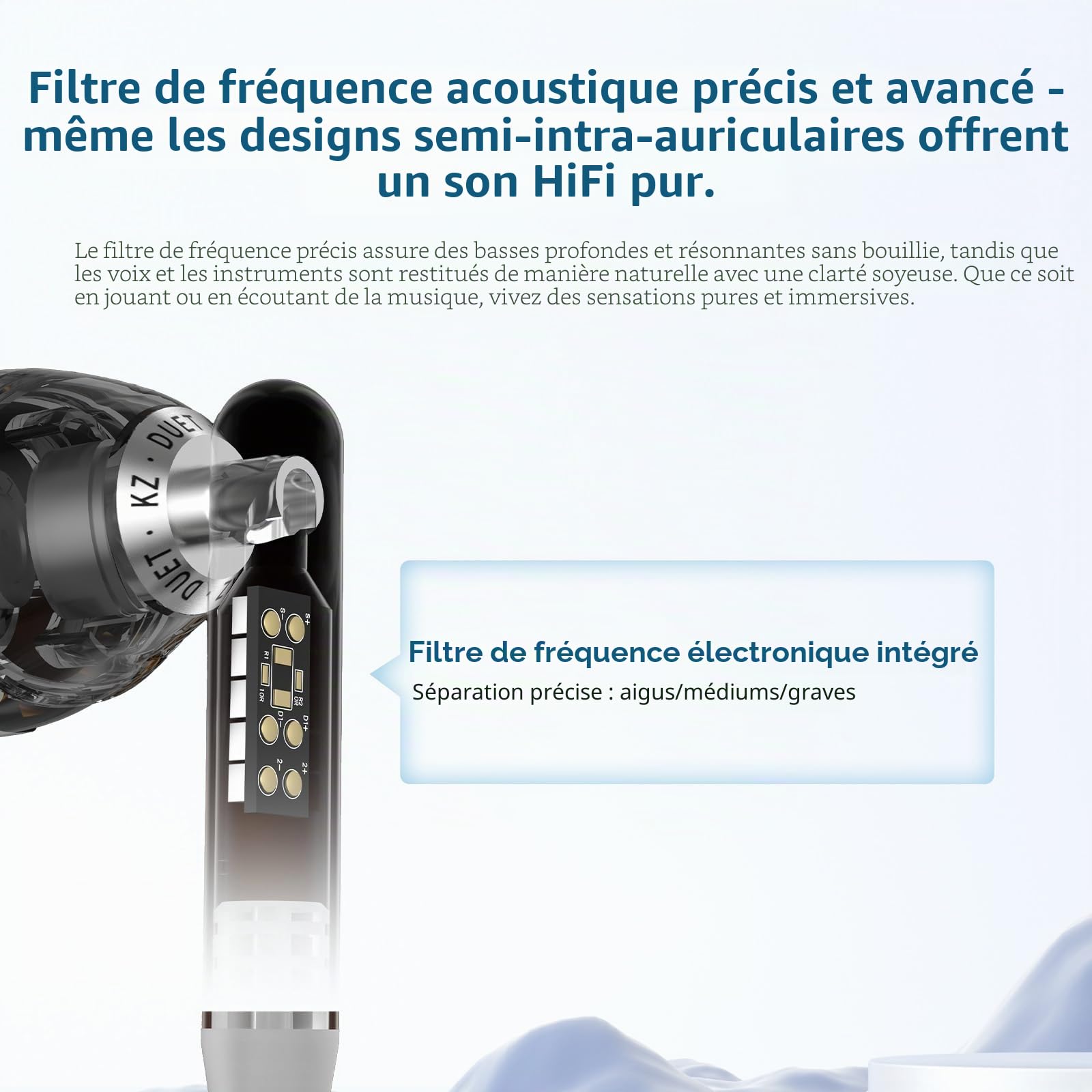 KZA COUSTICS KZ Duet Écouteurs intra-auriculaires - Double pilote dynamique - Écouteurs de jeu - Basses HiFi - Microphone antibruit - Câble argenté - Pour PC, console, appareils mobiles