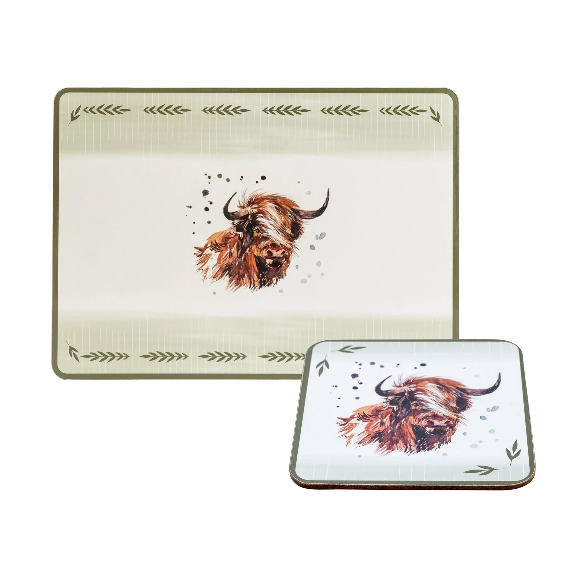 Home Deco London Cream Rustic Country Tableware Range Rustic Farmhouse Trays, Placemats, Lap Trays Country Kitchen, Fox, Geese, Highland Cow & Pheasant (Placemats And Coasters Set Of 4 Highland Cow)