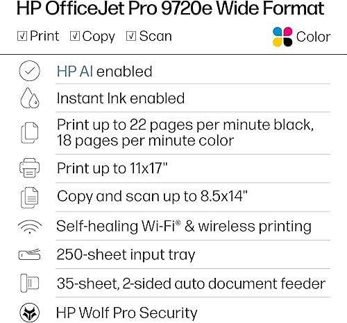 Miniatura 2 de HP OfficeJet Pro 9720e Impresora inalámbrica de formato ancho todo en uno de inyección de tinta a color, imprime, escanea, copia, ADF, impresión a