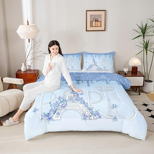 Juego de edredón de París, tamaño individual, juego de edredón floral de la Torre Eiffel de 2 piezas para decoración de habitación de niños, niñas,