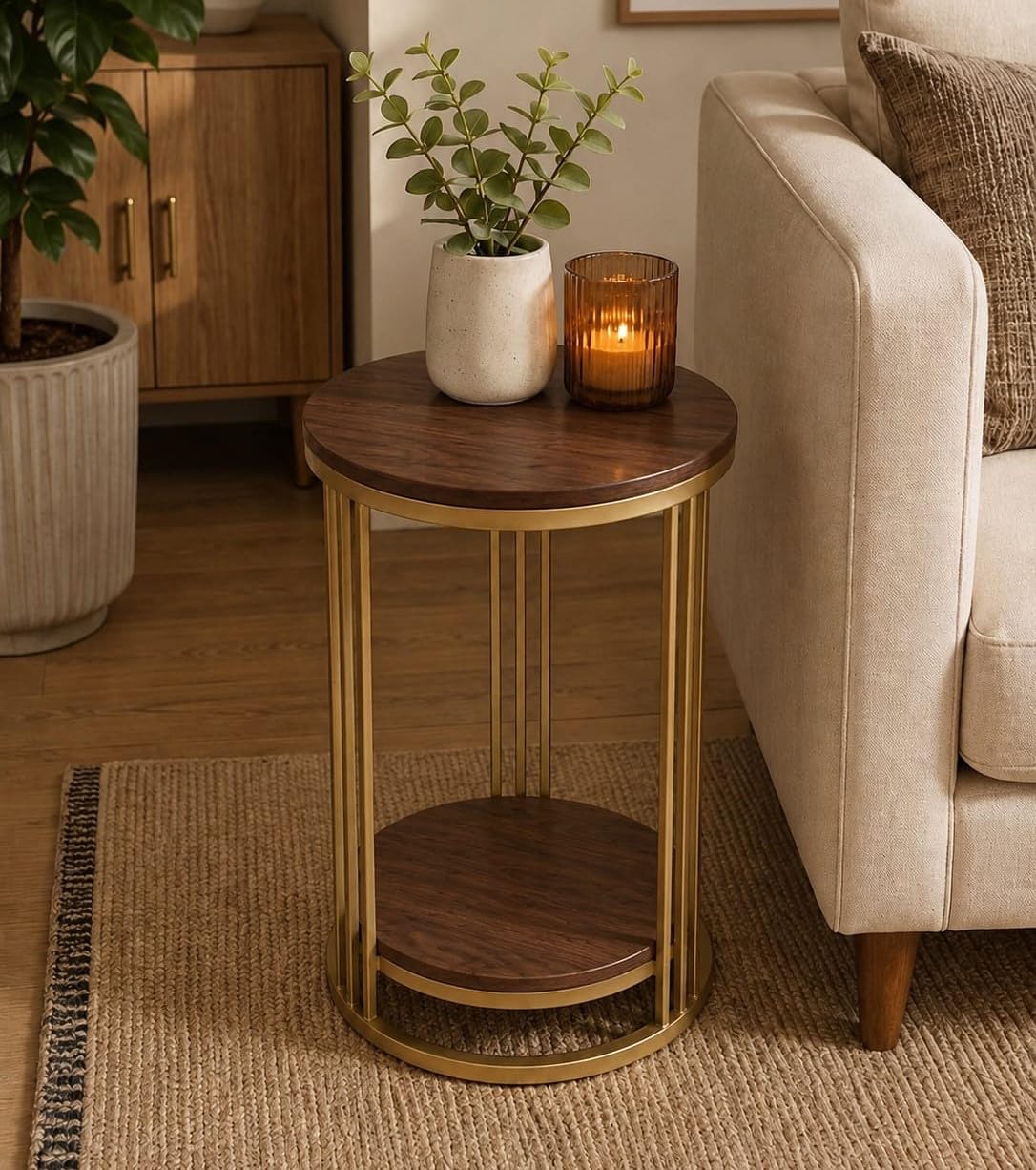 Roldo Round Coffee Side Table with Storage Shelf, Modern End Table for Living Room, Bedside Table, Plant Stand Indoor, Metal Frame, Engineered Wood Top, Small Accent Table-Gold | Walnut-picture-10