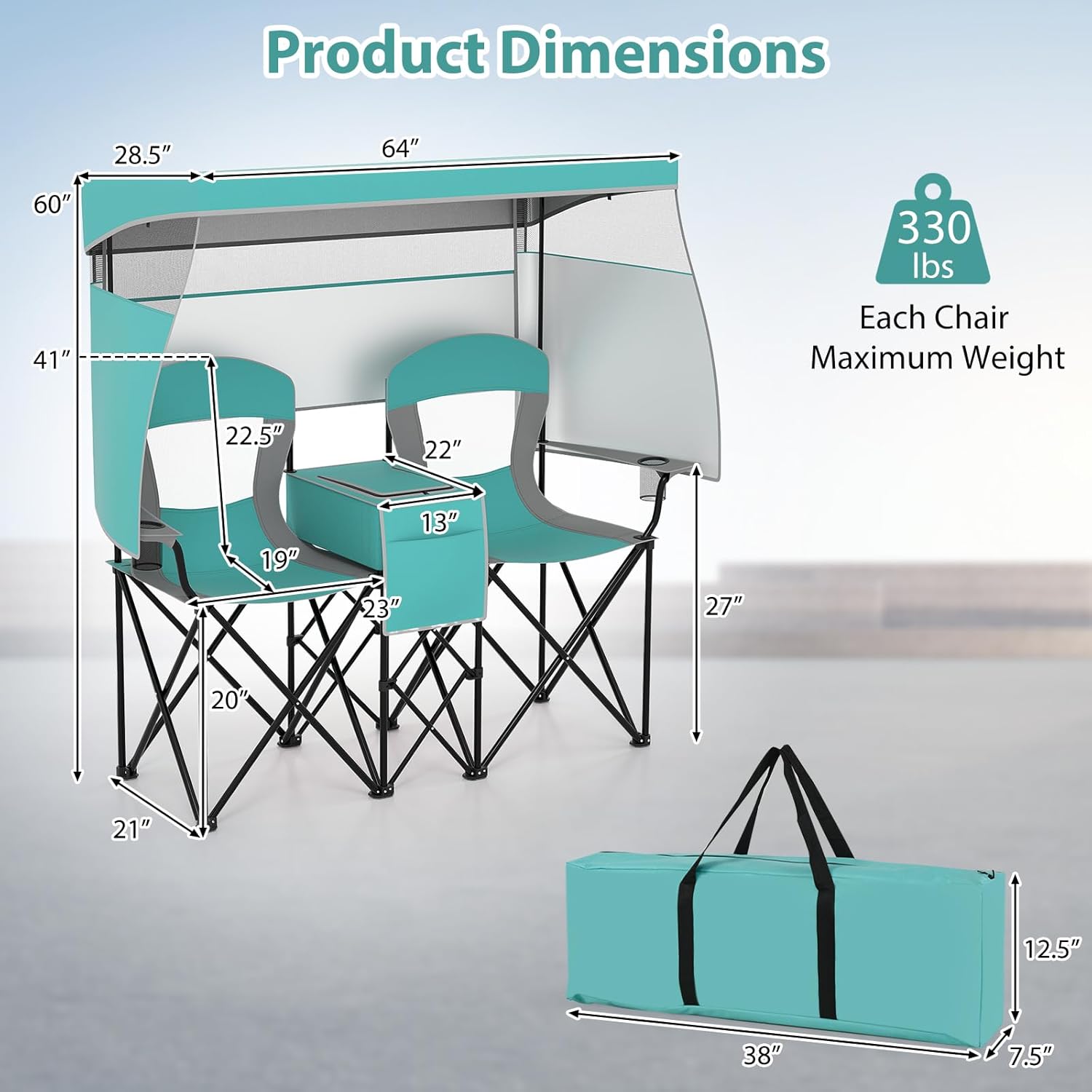 Goplus Double Beach Chair w/Adjustable Canopy, Oversized Folding Camping Chair w/Roll-up Shade, Cooler Bag, Cup Holders, Carrying Bag, 2-Person Portable Loveseat for Sports Fishing (Turquoise)