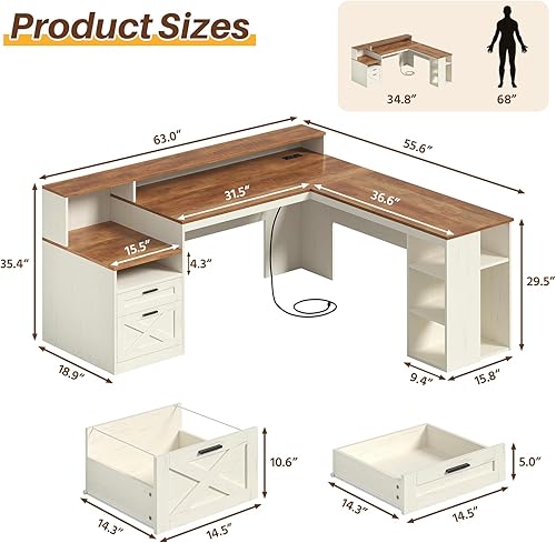 Miniatura 2 de Escritorio rústico en forma de L de 63 pulgadas con cajones y estantes de almacenamiento, escritorio de esquina blanco en forma de L con tomas de