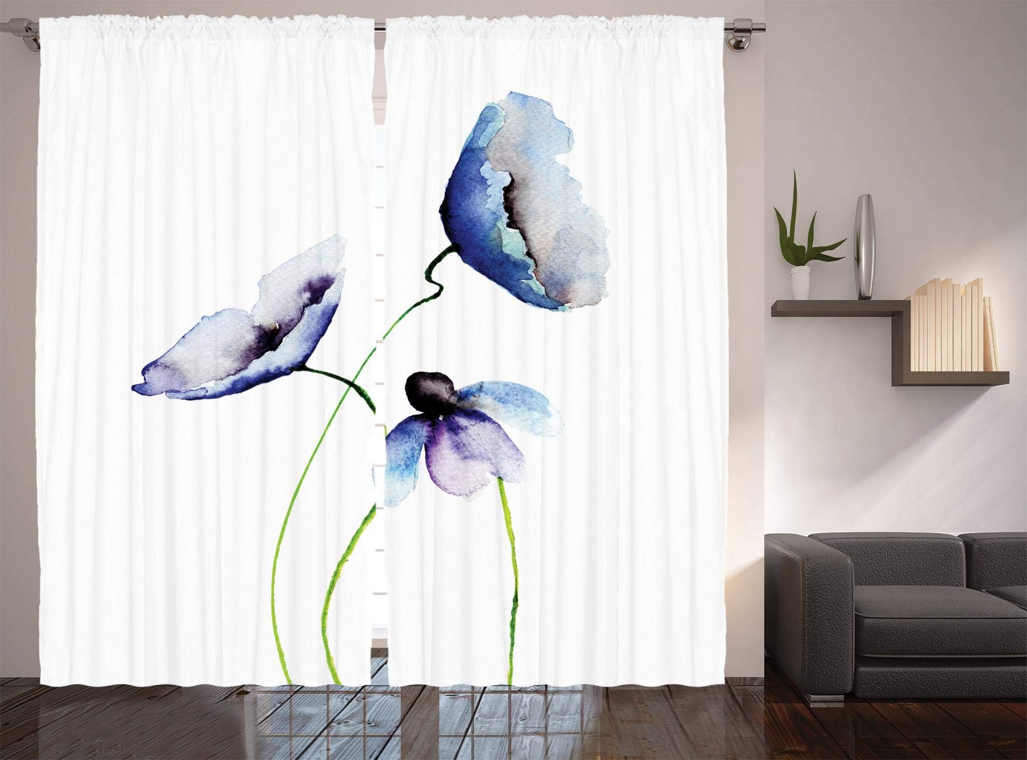 Ambesonne Watercolor Flower Curtains, Abstract Poppies Blossoms Simple Composition Picture, Living Room Bedroom Window Drapes 2 Panel Set, 108" X 90", Blue Green