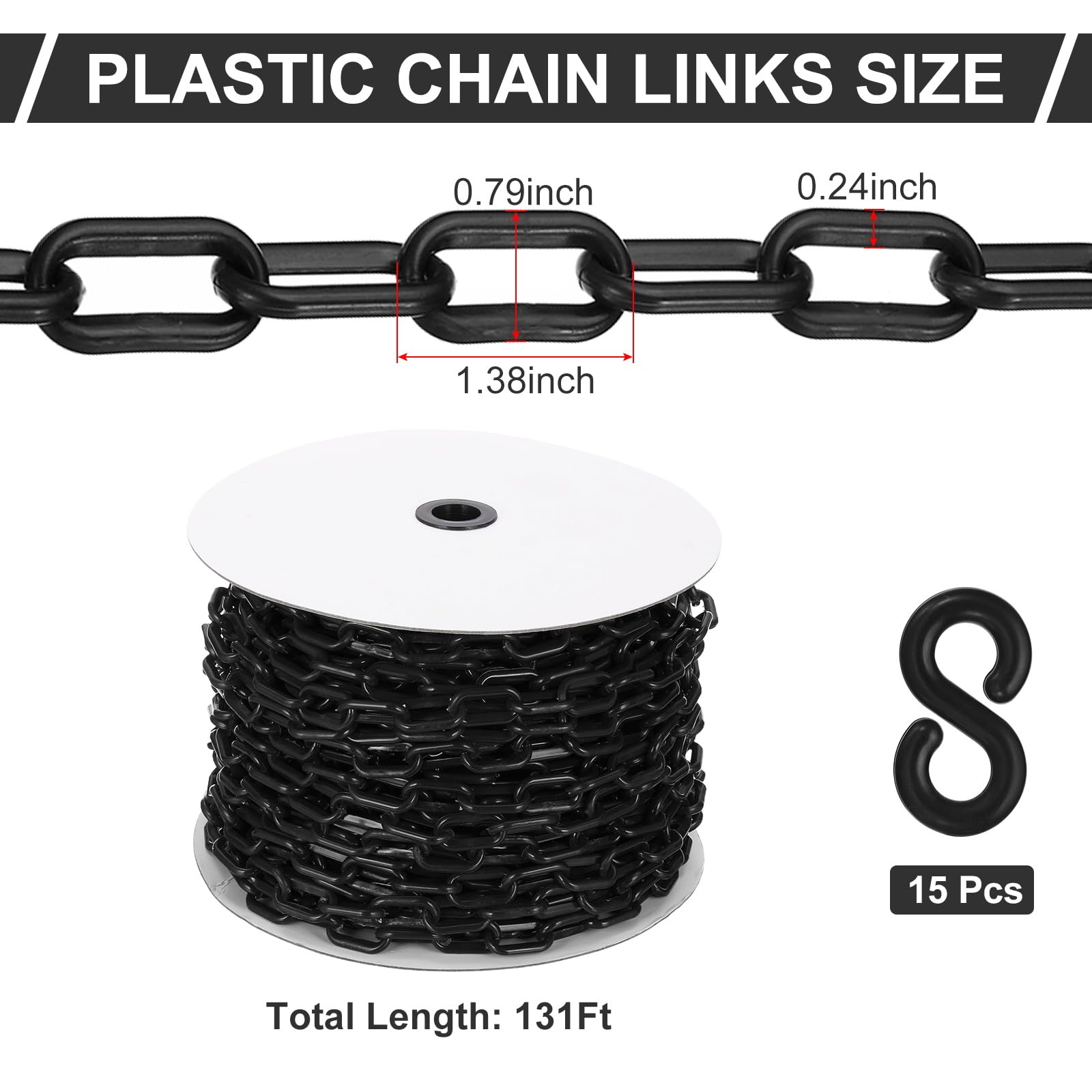 PATIKIL Chaîne plastique noire, 131 pieds 6mm Chaîne barrière sécurité plastique large Longue chaîne plastique pour le contrôle foule, le stationnement, décoration chantier construction
