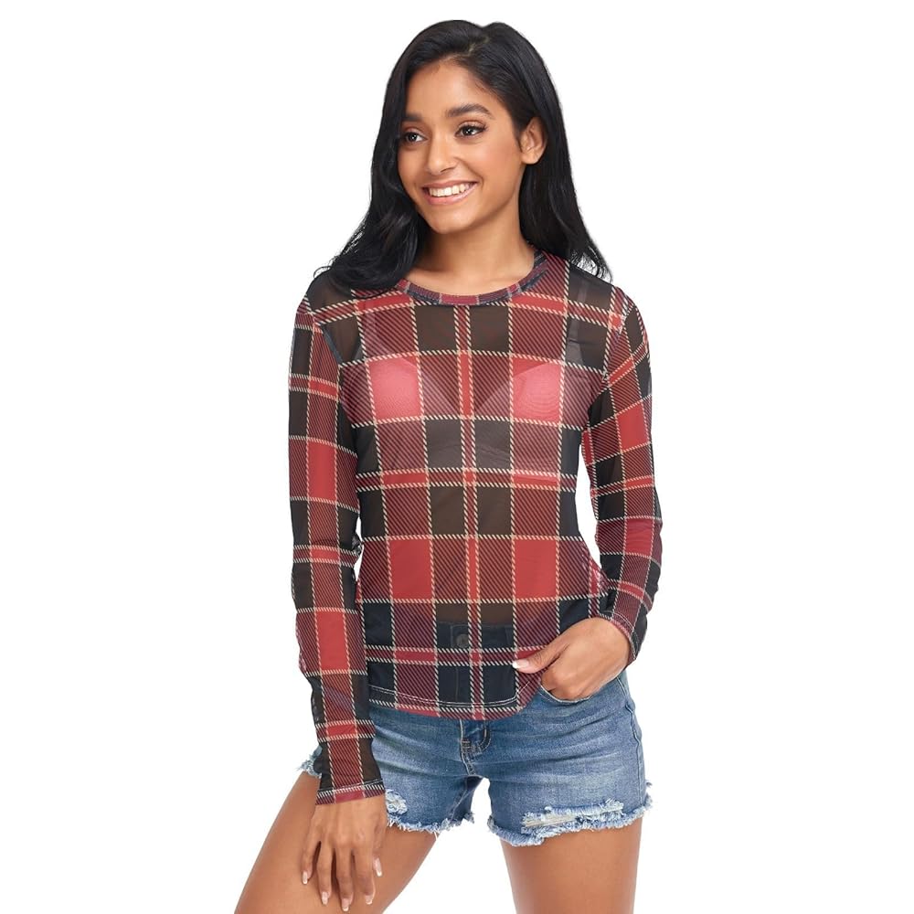 トップス SHEER PLAID VOLUME SLEEVE TOPS ALAZA Black Red Plaid Christmas Women's Mesh Long Sleeve