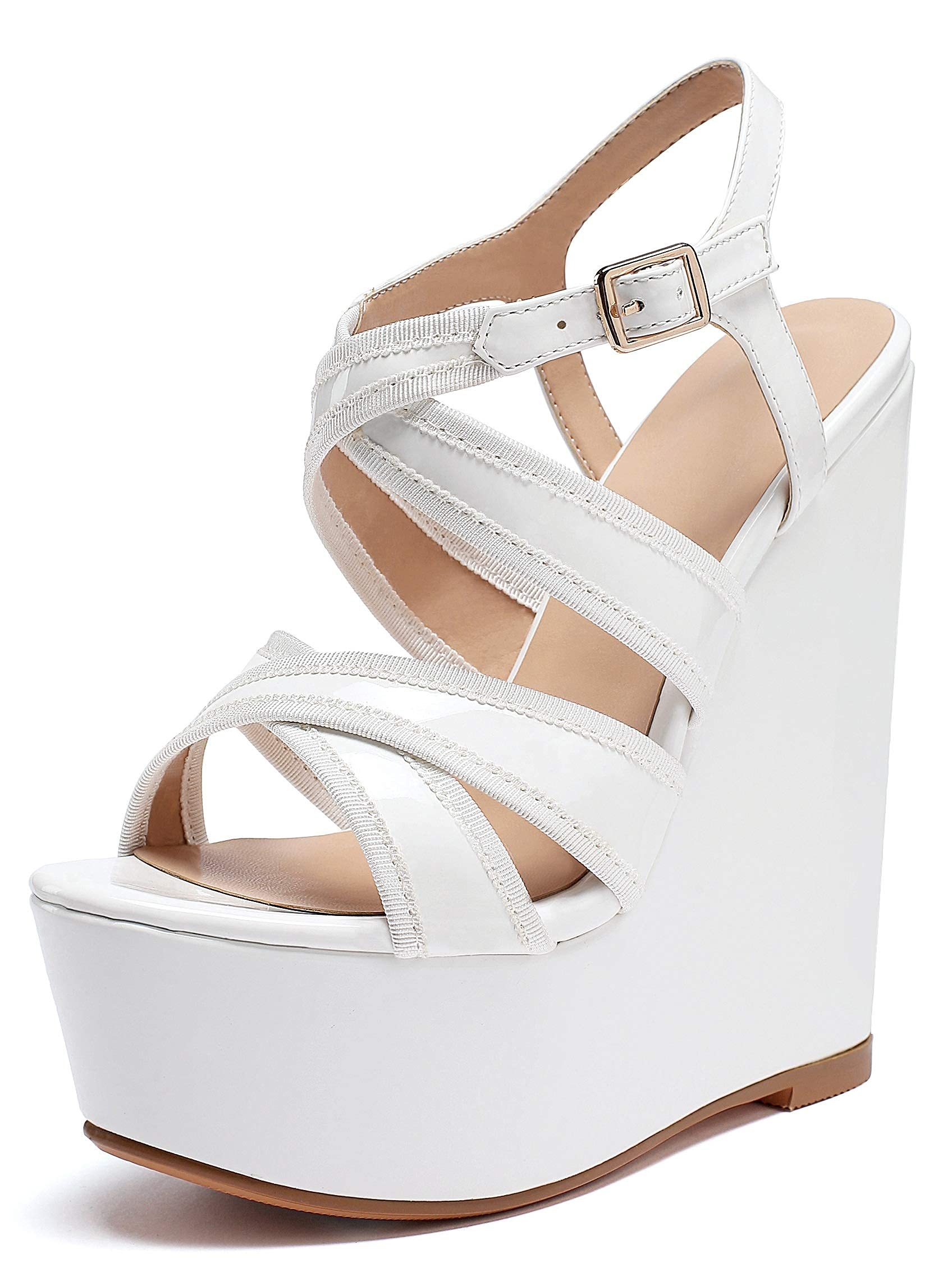 Eldof Womens Wedge Platform Sandals Peep Toe Cross Strap Wedge Heel 6" Ankle Srap Summer Wedge Heels for Patry Wedding White US8