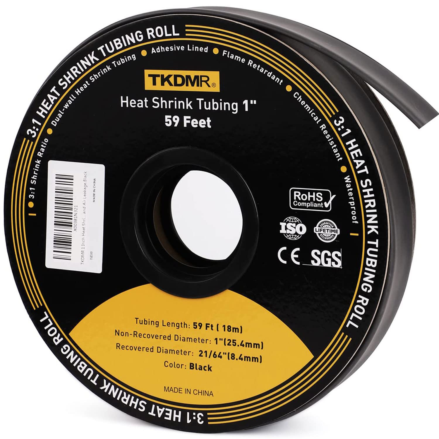 TKDMR Gaine thermorétractable de 2,5 cm - Rapport 3:1 de qualité marine - Câble adhésif doublé contre l'humidité, la corrosion et les fuites d'air - Noir