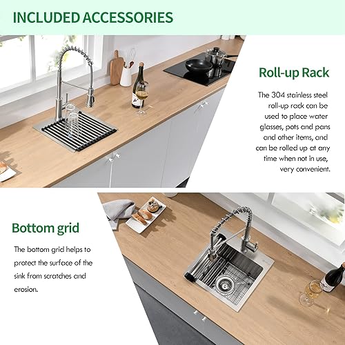 Miniatura 7 de EcoChannels Fregadero de cocina de 15 x 15 x 10 pulgadas, fregadero de barra de acero inoxidable T-304 calibre 16 con accesorios