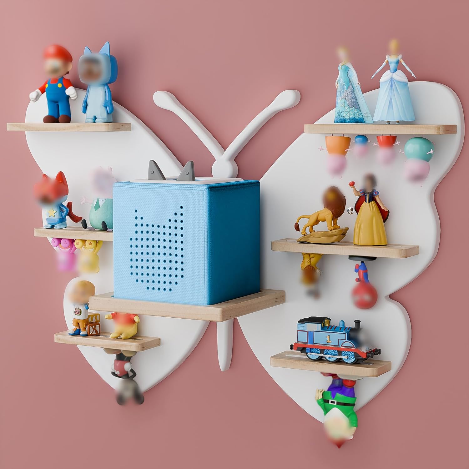 Butterfly Tonie Shelf for Tonie&TonieBox - White Magnetic Wooden Floating Shelves for Storage, Cute Tonie Wall Shelf for 20-32 Tonies Figure,TonieBox Shelves Wall Mount for Kids