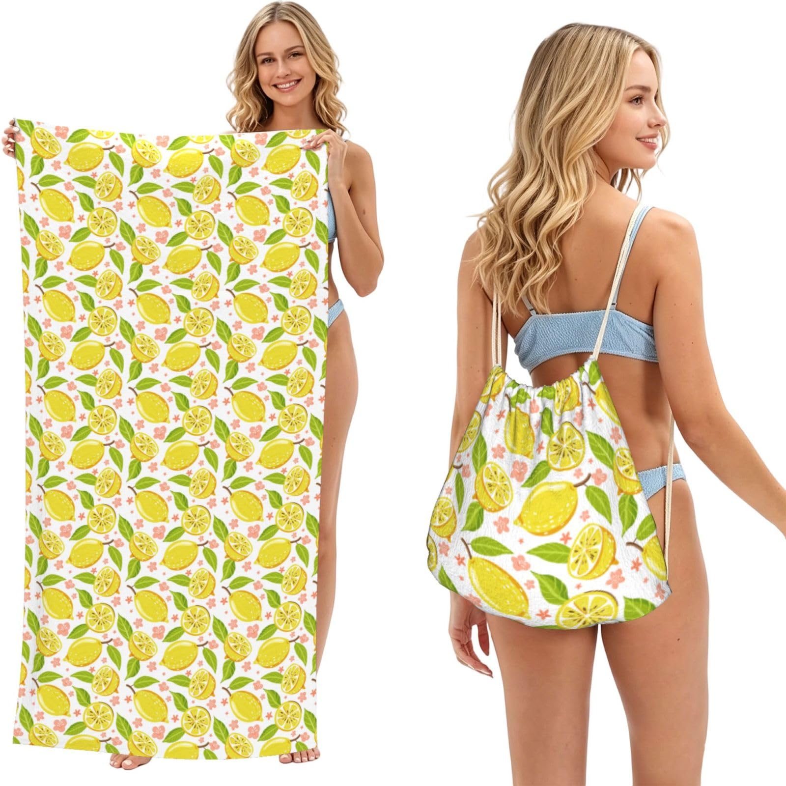 ESNAIUVCD Fruits Lemon Print Beach Towel For Adults,Towel With Drawstring Bag, Travel Pool Swimming Sports Shower Sand Free Quick Dry Bath Towel For Pool, Beach, Yoga- 180x60cm