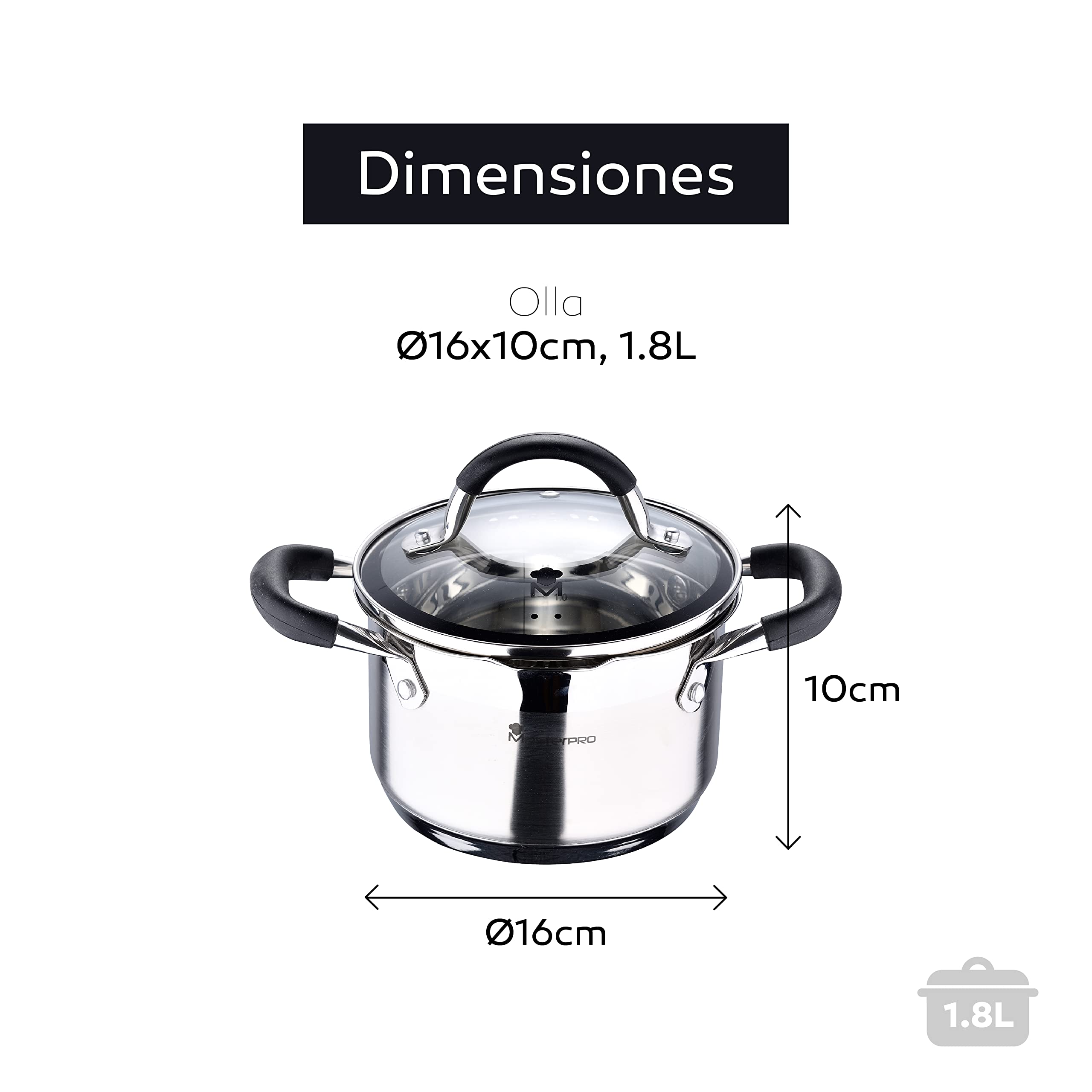 MasterPro Foodies - Cacerola de 1.8L, 16 x 10 cm, Acero Inoxidable, Revestimiento Antiadherente, Mango ergonómico, Apto para toda tipo de cocinas incluido inducción, Libre de tóxicos