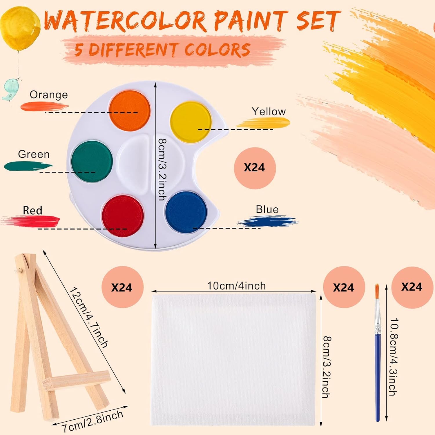 Glenmal Watercolor Paint Sets 3 x 4" Small Painting Canvas with Easel Paints Brush Set Kids Art Party Favors and Party Supplies Washable Watercolor Bulk for Kids Birthday Prizes (24 Sets)