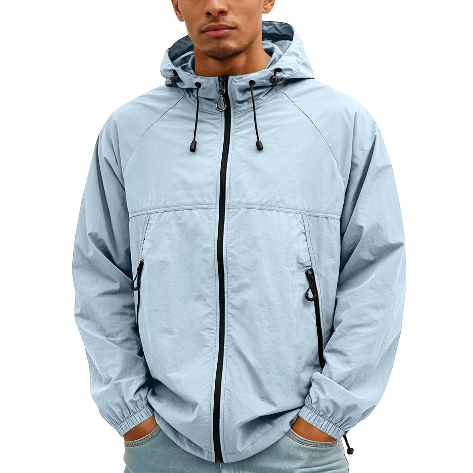 Mens Uv Protection Windbreaker Quick Dry Breathable Drawstring Hooded Zip Up Outerwear Utility Pockets Adjustable Cuffs Classic Fit Casual Plain Coat Camping Spring Summer Blue M