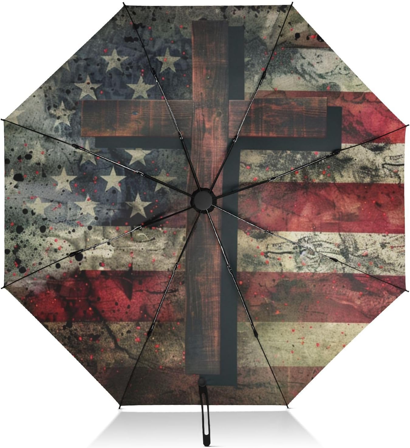 UV Protection Travel Umbrella Cross Vintage American Flag Compact for Rain and Sun - Auto Open and Close UPF 50+ Windproof Portable 46” Sun Umbrella for Women and Men