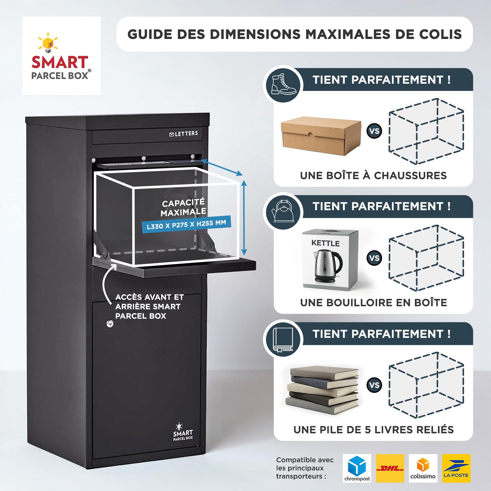 SMART PARCEL BOX Boite aux Lettres 2 Portes, Boite à Colis Extérieur sur Pied, Acier galvanisé, Large, Serrure 3 clés, Noir, 41.5 x 38.5 x 102.5 cm