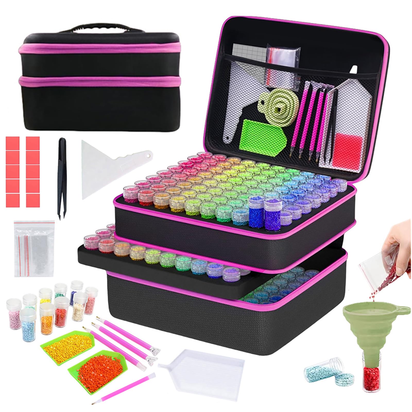 Diamond painting accesorios caja de almacenamiento rosa con 240 botellas y pegatinas